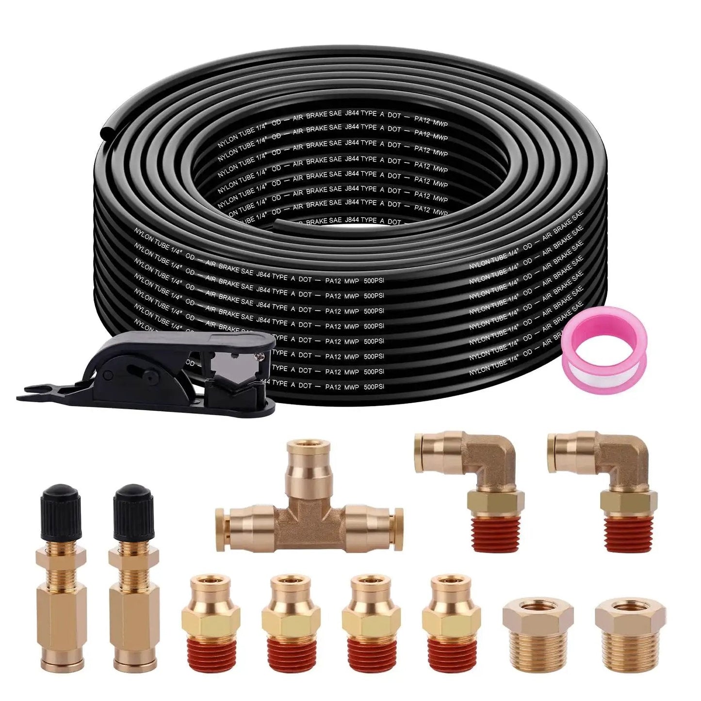 Heavy Duty 50 Feet Quarter Inch Air Hose With 11 Piece Push To Connect Fittings Kit Brass DOT SAE J844 PA12 Nylon Air Line, tubing cutter