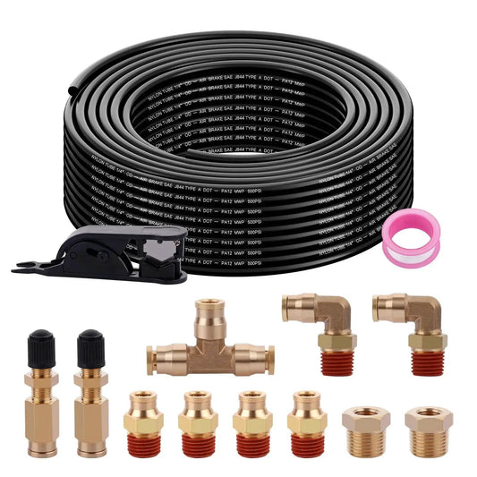 Heavy Duty 50 Feet Quarter Inch Air Hose With 11 Piece Push To Connect Fittings Kit Brass DOT SAE J844 PA12 Nylon Air Line, tubing cutter