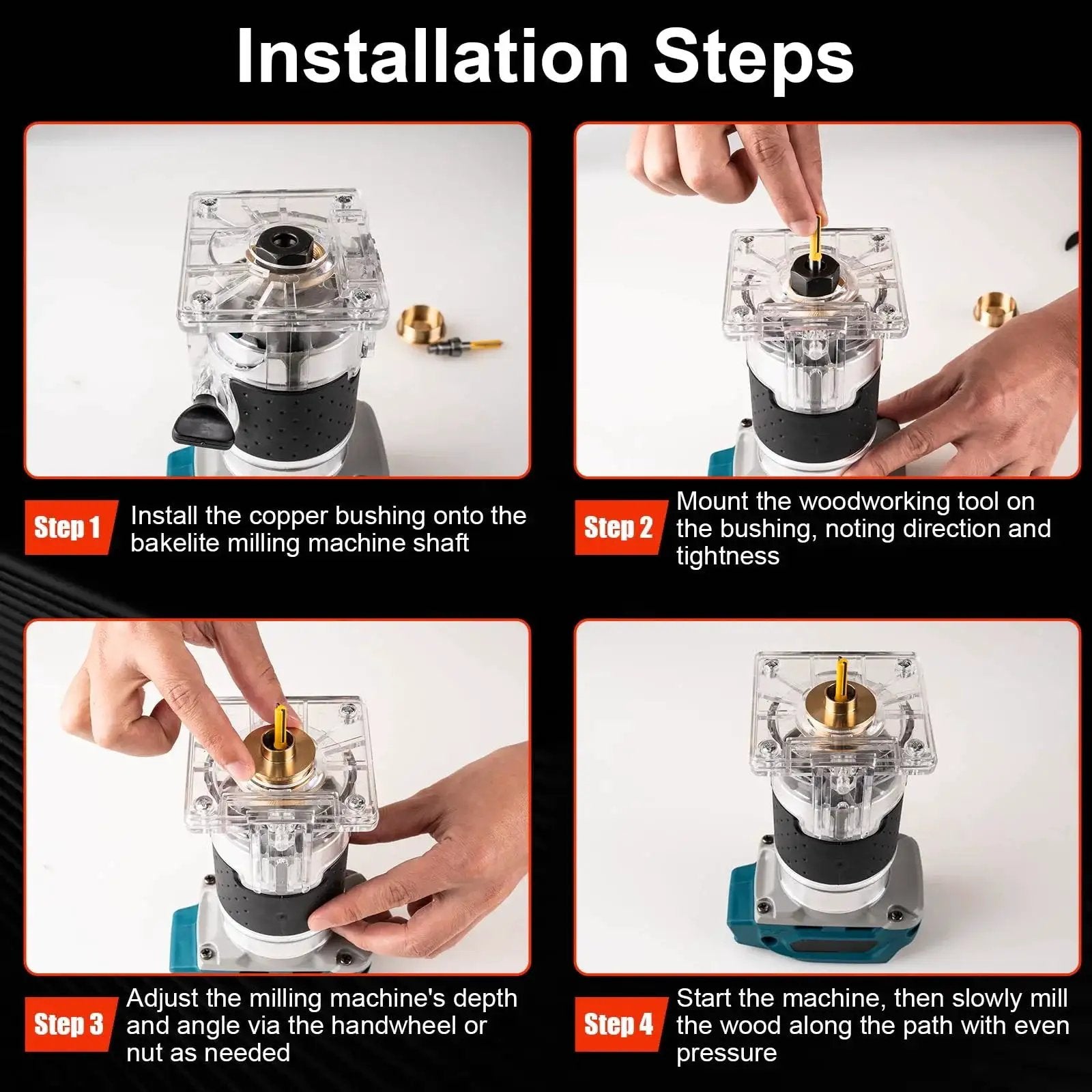 Installation steps for 11Pcs Brass Router Bushing Guide Set With Lock Nut Adapter for precision woodworking projects.