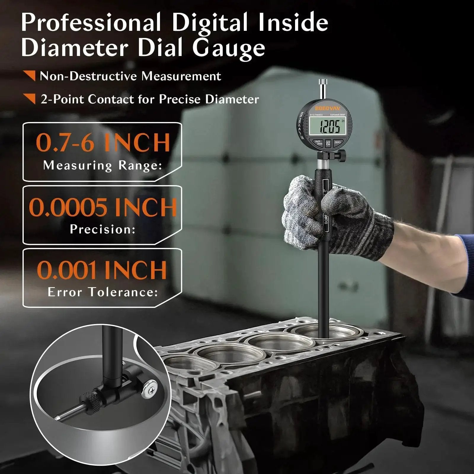 Digital Dial Bore Gauge Set 0.7 to 6 Inch Range with 150mm Depth, Ultra Precision 0.0005 Inch in use measuring cylinder