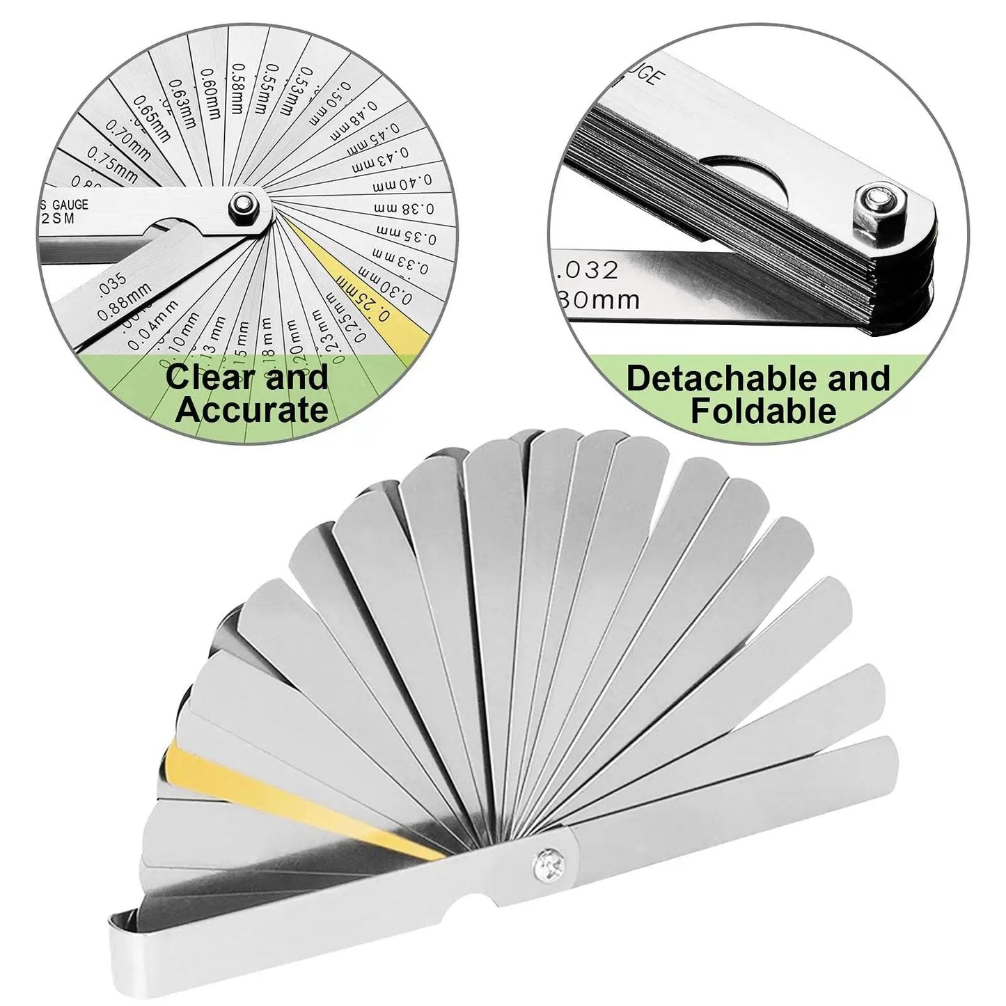 32 Blade Feeler Gauge Set For Precision Gap Measurement In Guitars, Spark Plugs, And Pistons, SAE And Metric Readouts, Stainless Steel