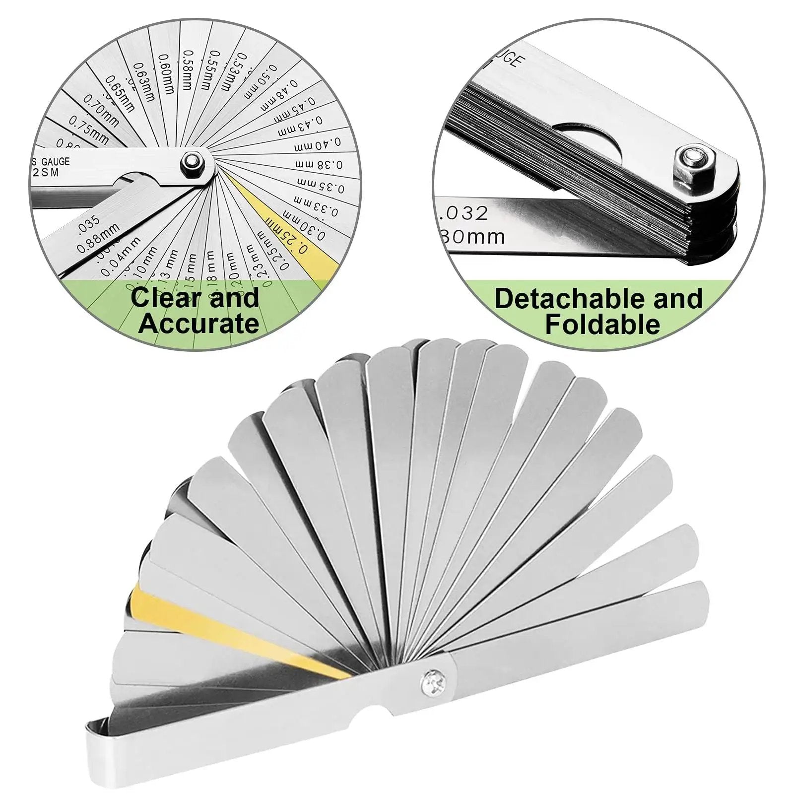 32 Blade Feeler Gauge Set For Precision Gap Measurement In Guitars, Spark Plugs, And Pistons, SAE And Metric Readouts, Stainless Steel