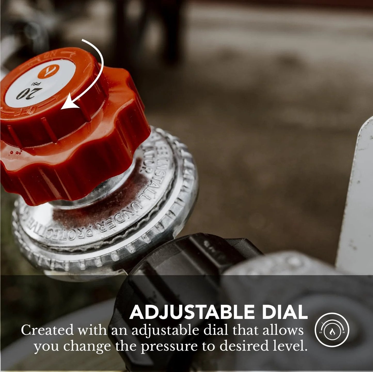 Close-up of adjustable dial on Adjustable 0-20 PSI Propane Regulator With 4 Foot Steel Braided Hose for Burners, QCC1 Type