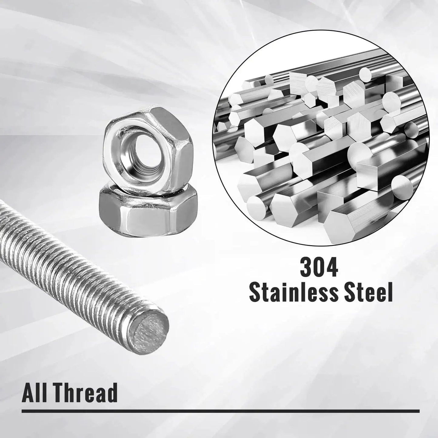 Stainless Steel 4mm Threaded Rods With Hex Nuts 12in Garden Stakes Kit 24 Pcs, showing rods and hex nuts in 304 stainless steel.