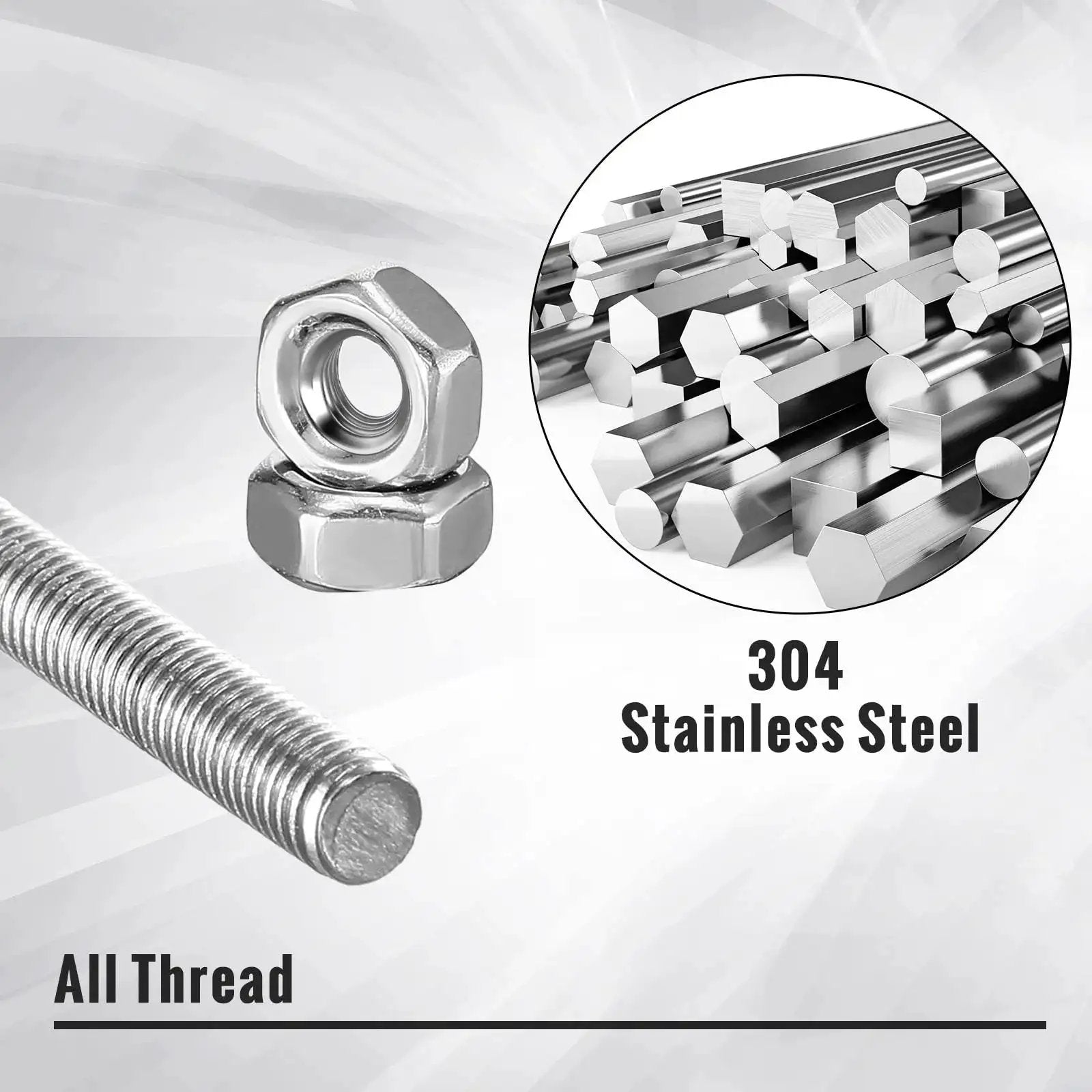 Stainless Steel 4mm Threaded Rods With Hex Nuts 12in Garden Stakes Kit 24 Pcs, showing rods and hex nuts in 304 stainless steel.