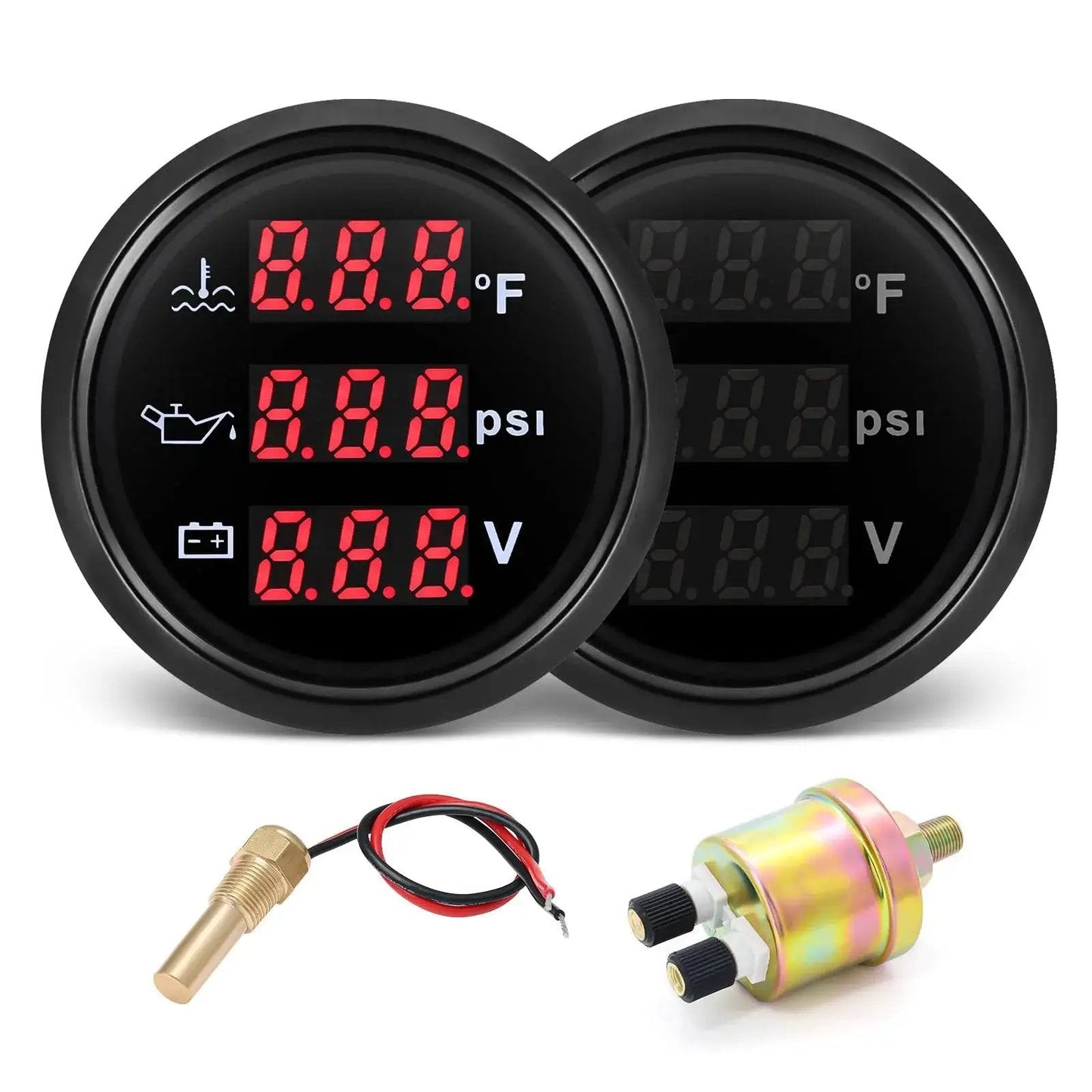 All In One 52mm 2-1/16 Inch Triple Gauge Kit with oil pressure, water temperature, and volt display, sensors included for cars and boats.