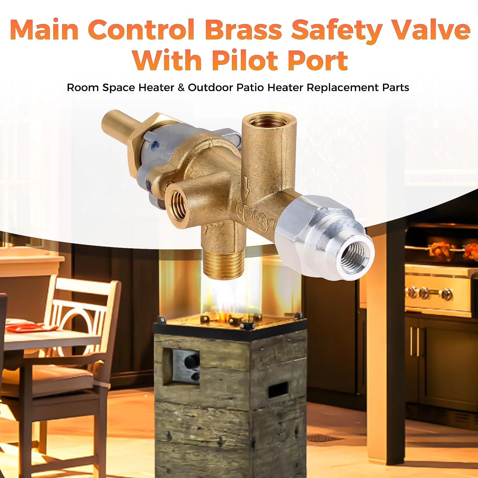 Propane Patio Heater Repair Kit With Thermocouple Sensor And Dump Switch Controls Safety Kit Main Control Valve With Pilot Port Replacement Parts For Low Pressure Heaters Easy Install And Durable Performance image of brass safety valve with pilot port.