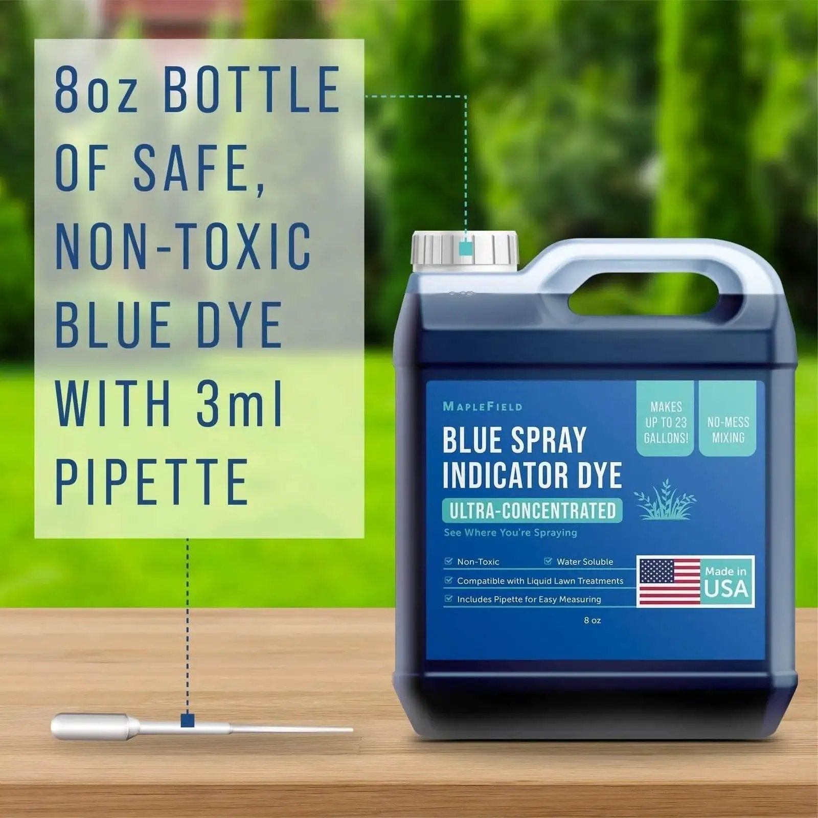 Blue Lawn Spray Indicator Dye For Sprayers 8 Oz Bottle With Pipette shown on outdoor wooden table