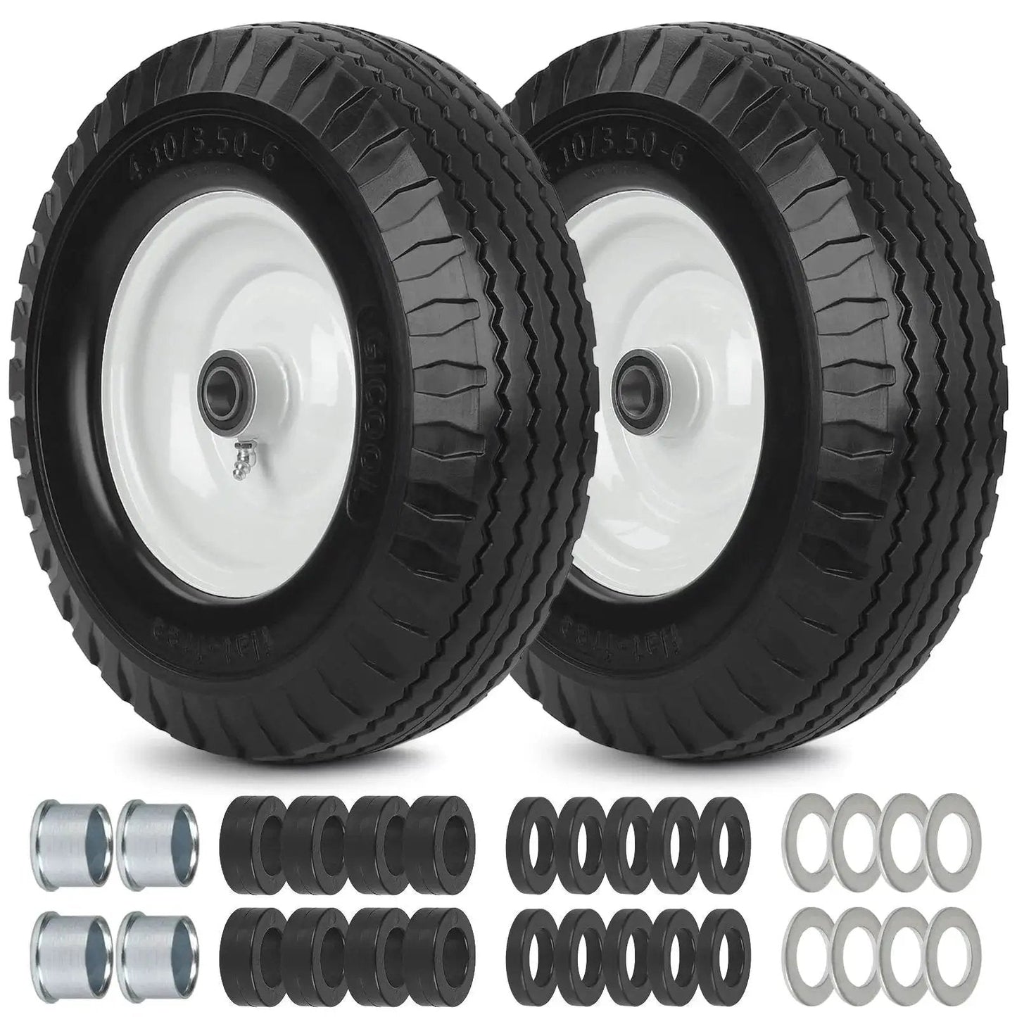 Flat Free Tire And Wheel 4.10 3.50 6 Size For Wheelbarrow And Hand Truck, 12 Inch Diameter, centered hub, two pack with bearings displayed