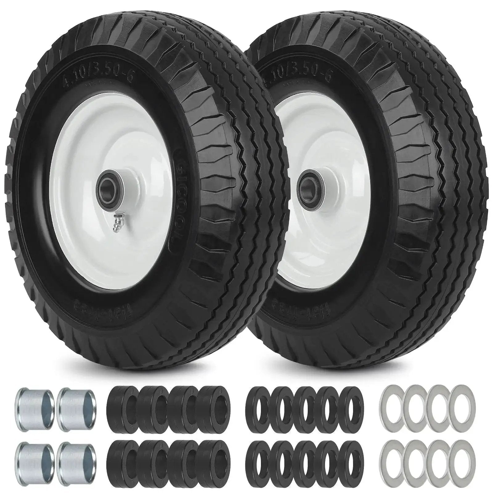 Flat Free Tire And Wheel 4.10 3.50 6 Size For Wheelbarrow And Hand Truck, 12 Inch Diameter, centered hub, two pack with bearings displayed