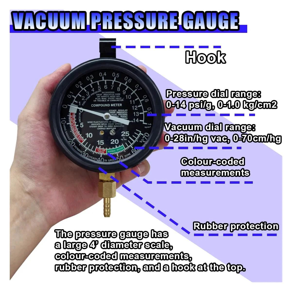 Person holding Universal Vacuum And Fuel Pump Tester Gauge Kit By UHANBUT with pressure dial and color-coded measurements.