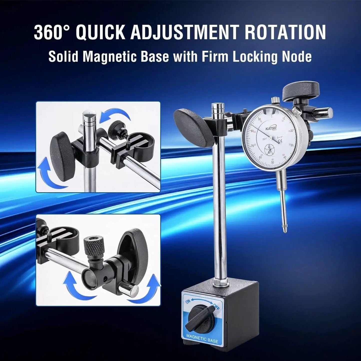 Dial Indicator With Magnetic Base And 22 Piece Indicator Points Set For Pro Grade Precision Measuring 0 To 1.0 In Range And 0.001 In Accuracy Fine Adjustment Magnetic Base With Strong Hold Long Arm Storage Case Included Model 401111 showing 360 degree rotation and firm locking node.