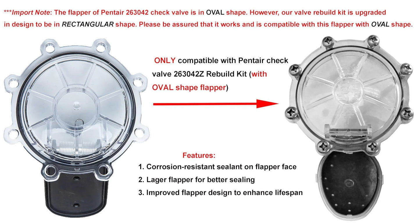 Upgraded Pool Check Valve Rebuild Kit ATIE For Pentair 2 Inch Check Valve 263042Z 263042; includes clear oval flapper and parts