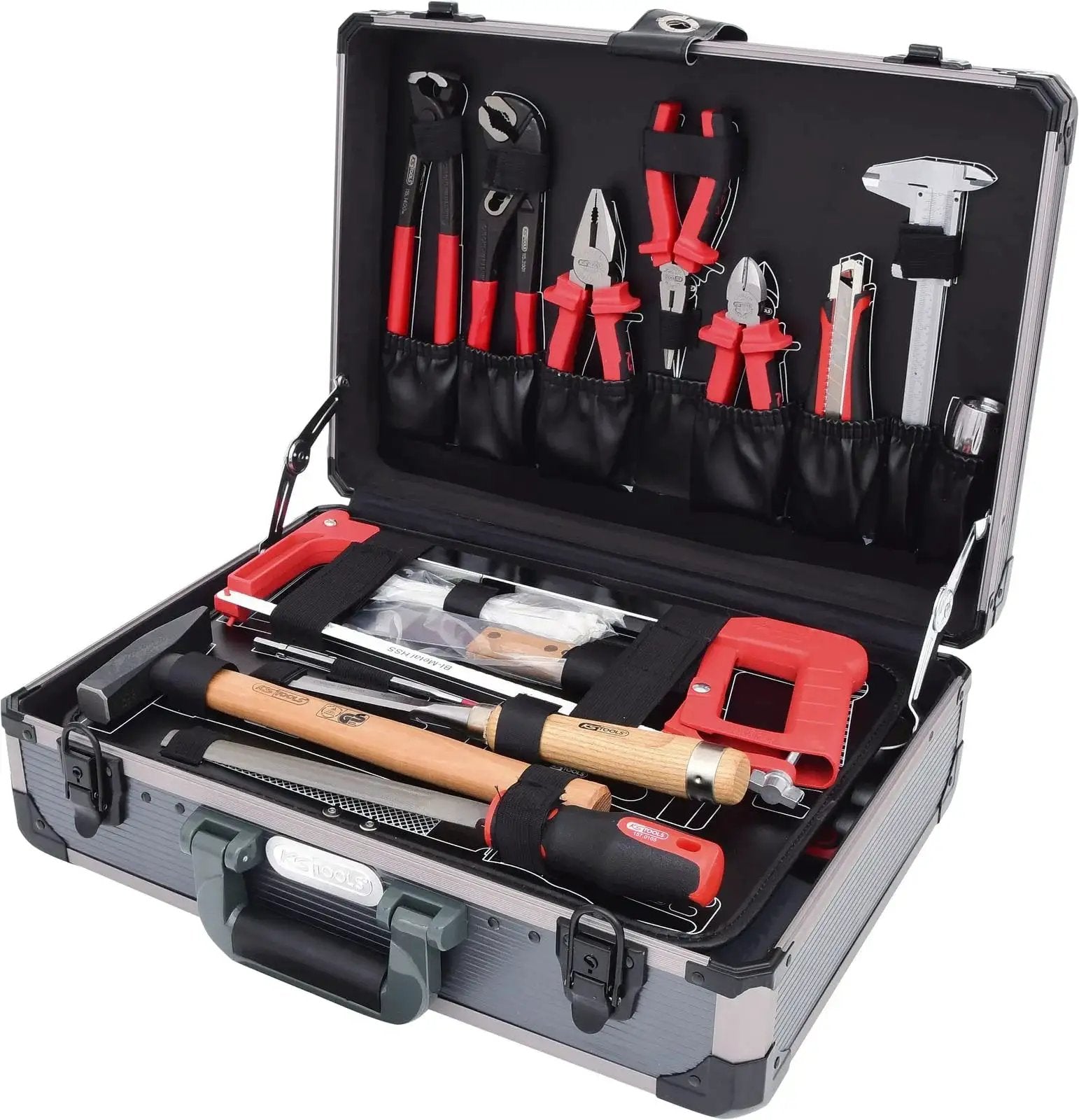 Open case displaying One Quarter And One Half Inch Drive Universal Tool Kit Set 149 Pieces with various hand tools visible.