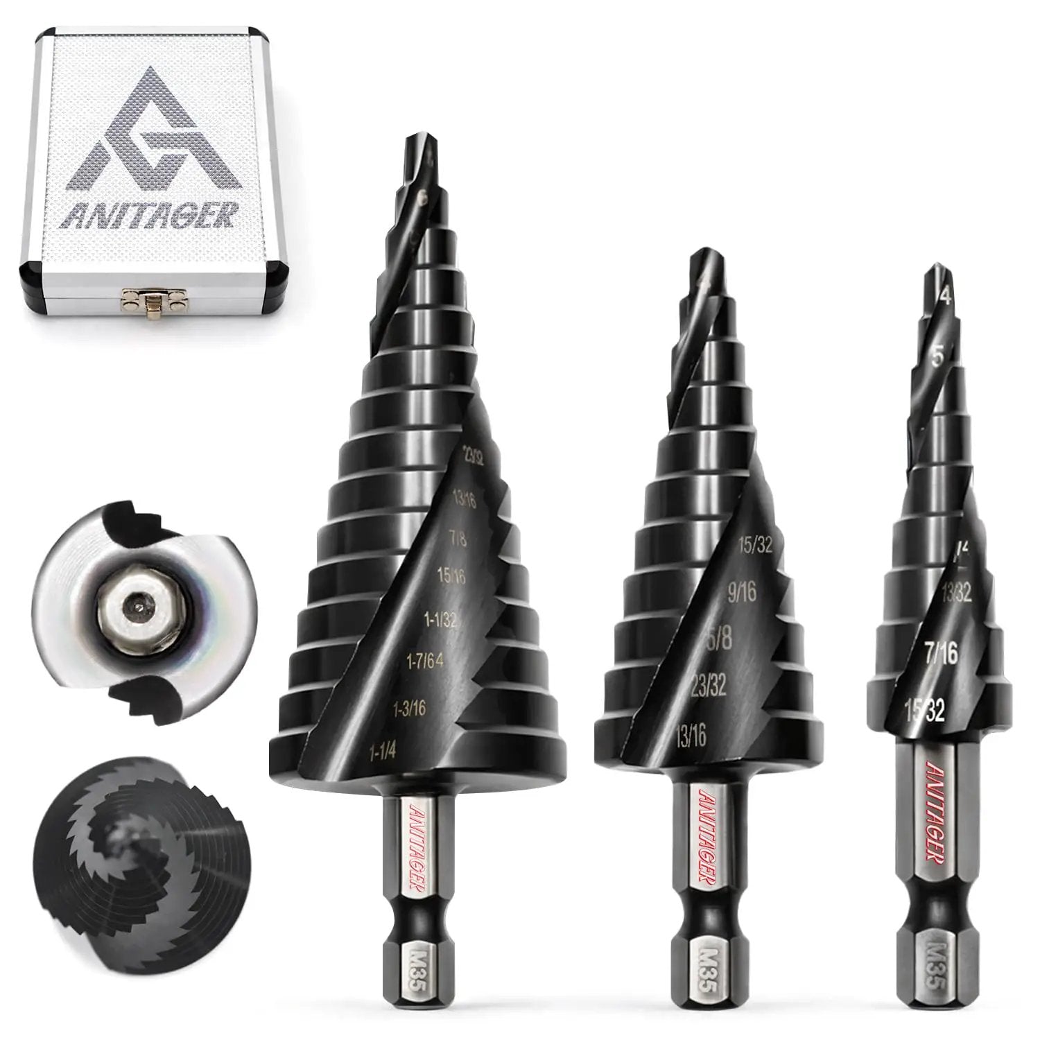 Rugged Step Drill Bit Set With M35 Cobalt HSS TiAlN Coating For Tough Jobs, 3-piece ANITAGER pack, with aluminum case