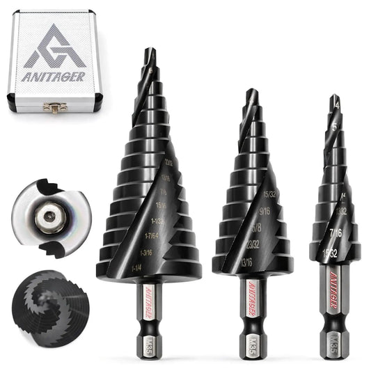 Rugged Step Drill Bit Set With M35 Cobalt HSS TiAlN Coating For Tough Jobs, 3-piece ANITAGER pack, with aluminum case