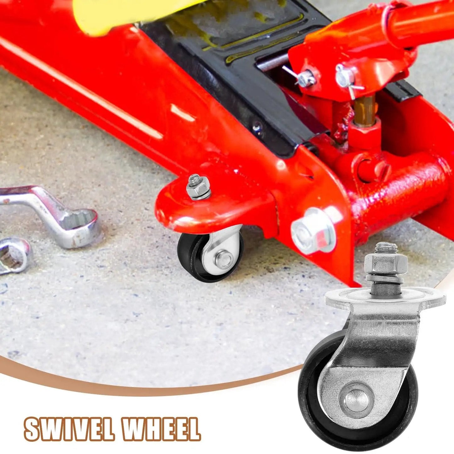 2 Ton Floor Jack Caster For Heavy Duty Garage Use With Hydraulic Front Wheel Replacement Premium Steel Construction Wear Resistant Casters That Withstand Abrasive Wear Grease And Impact Easy Install For Reliable Lifting attached to red floor jack
