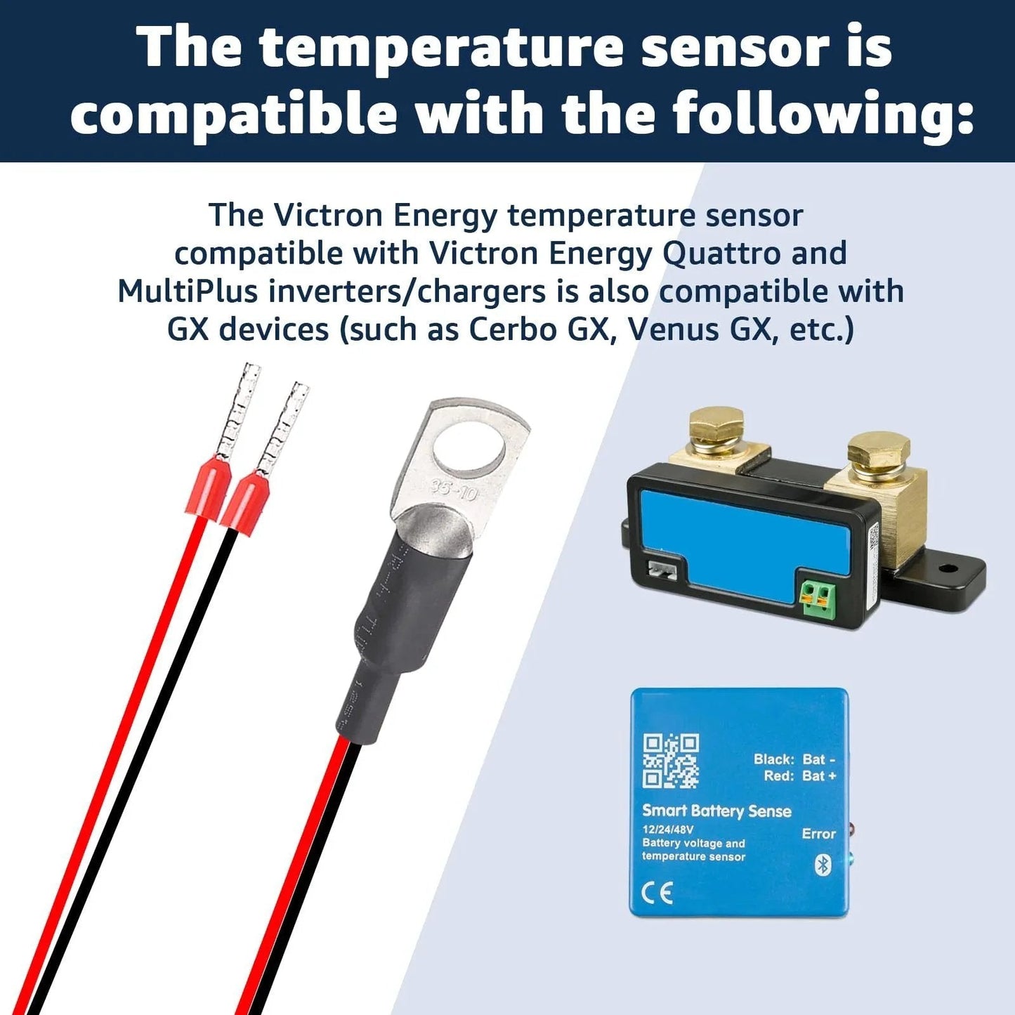 Temperature Sensor Replacement for Victron Energy that is a must have for Precision Battery Temperature Monitoring and easy plug in compatibility with Quattro and MultiPlus Inverter Chargers Cerbo GX and Venus GX for reliable charging performance, showing connectors and compatible devices.