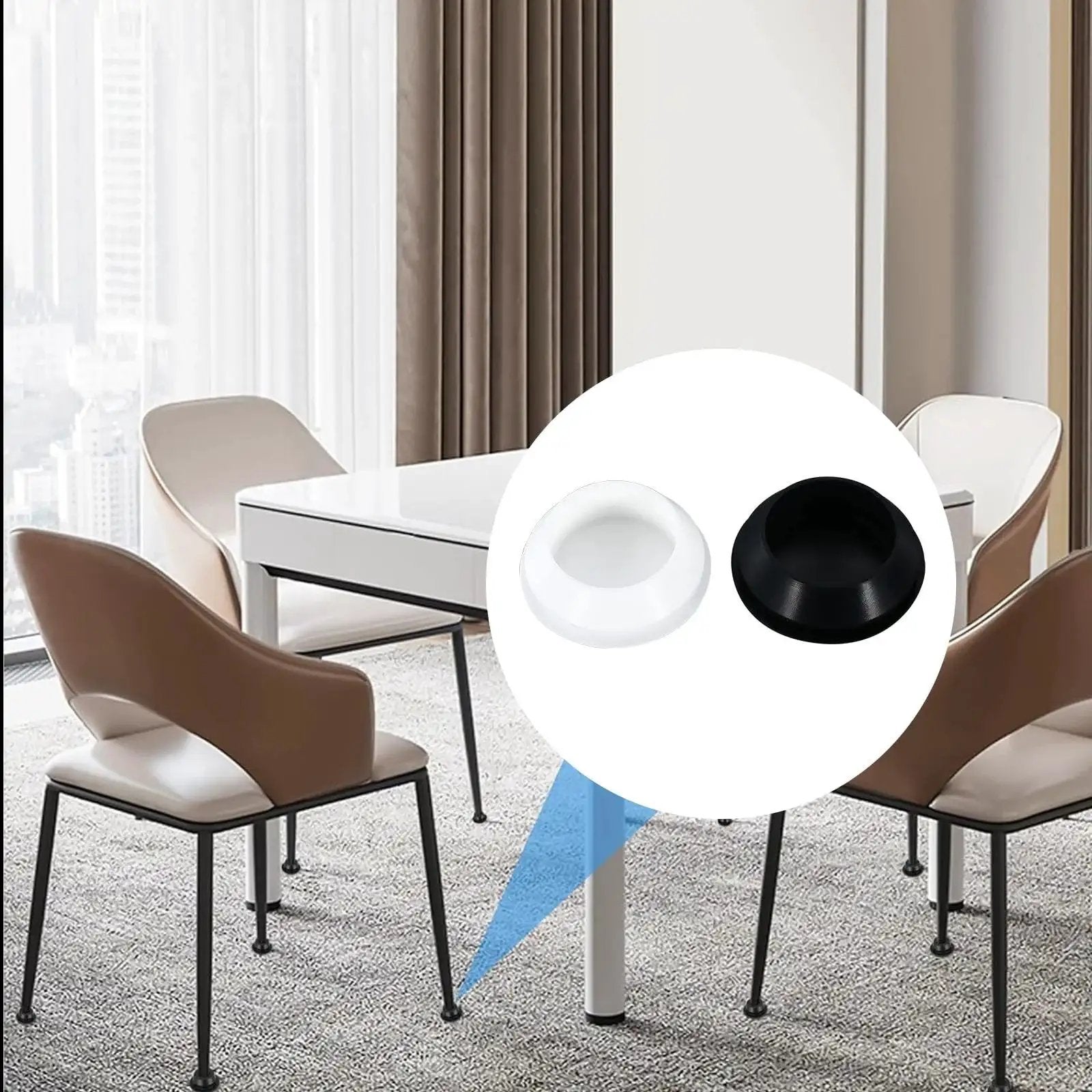 Dining room with close-up view of black and white snap-in rubber plugs for 45mm holes, ideal for furniture sealing and heat resistance.