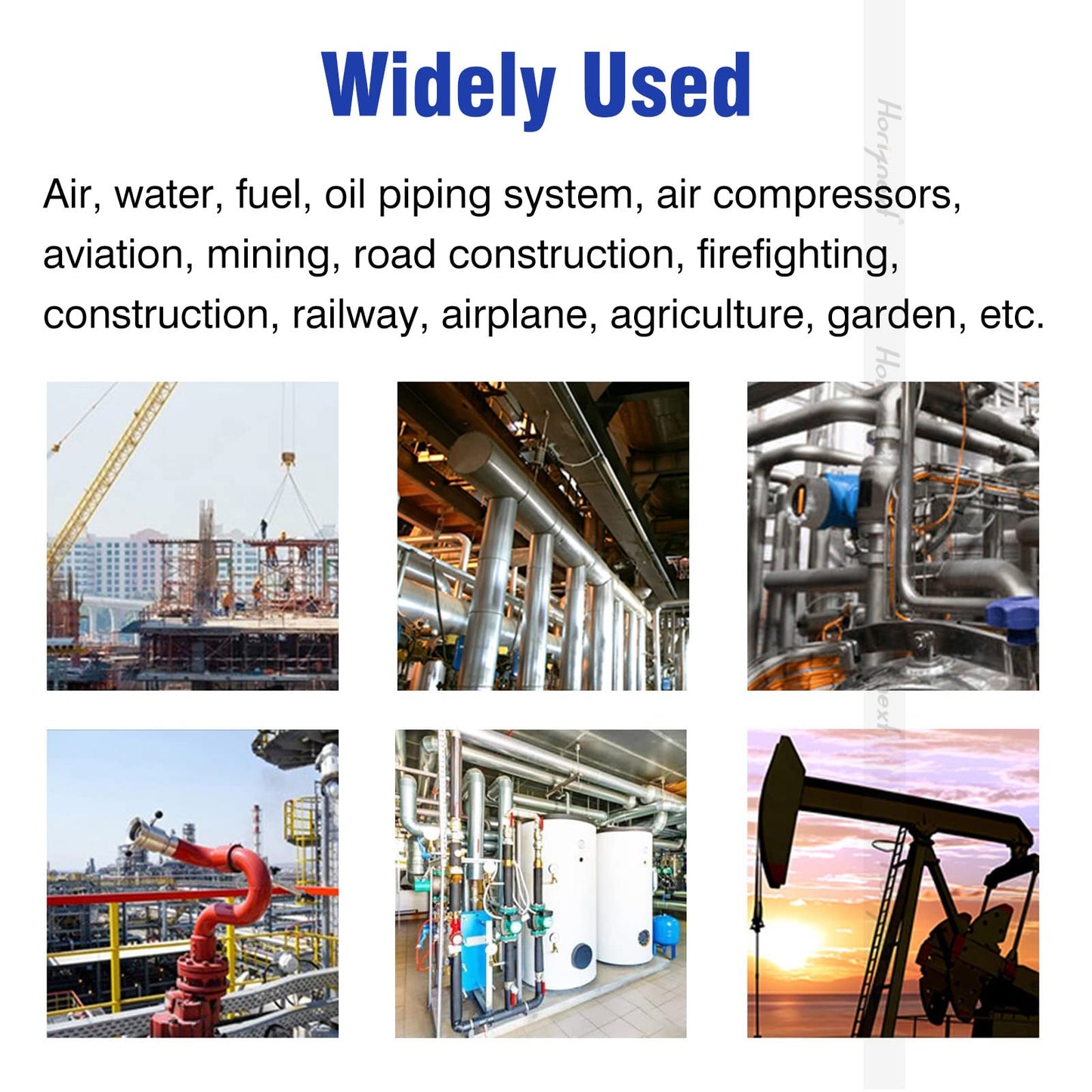Collage showing diverse applications of Stainless Steel NPT 1/2 Inch Elbow Fitting, 90 Degree, with construction and piping systems.