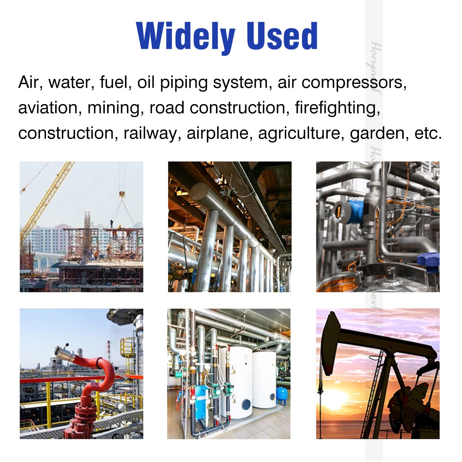 Collage showing diverse applications of Stainless Steel NPT 1/2 Inch Elbow Fitting, 90 Degree, with construction and piping systems.