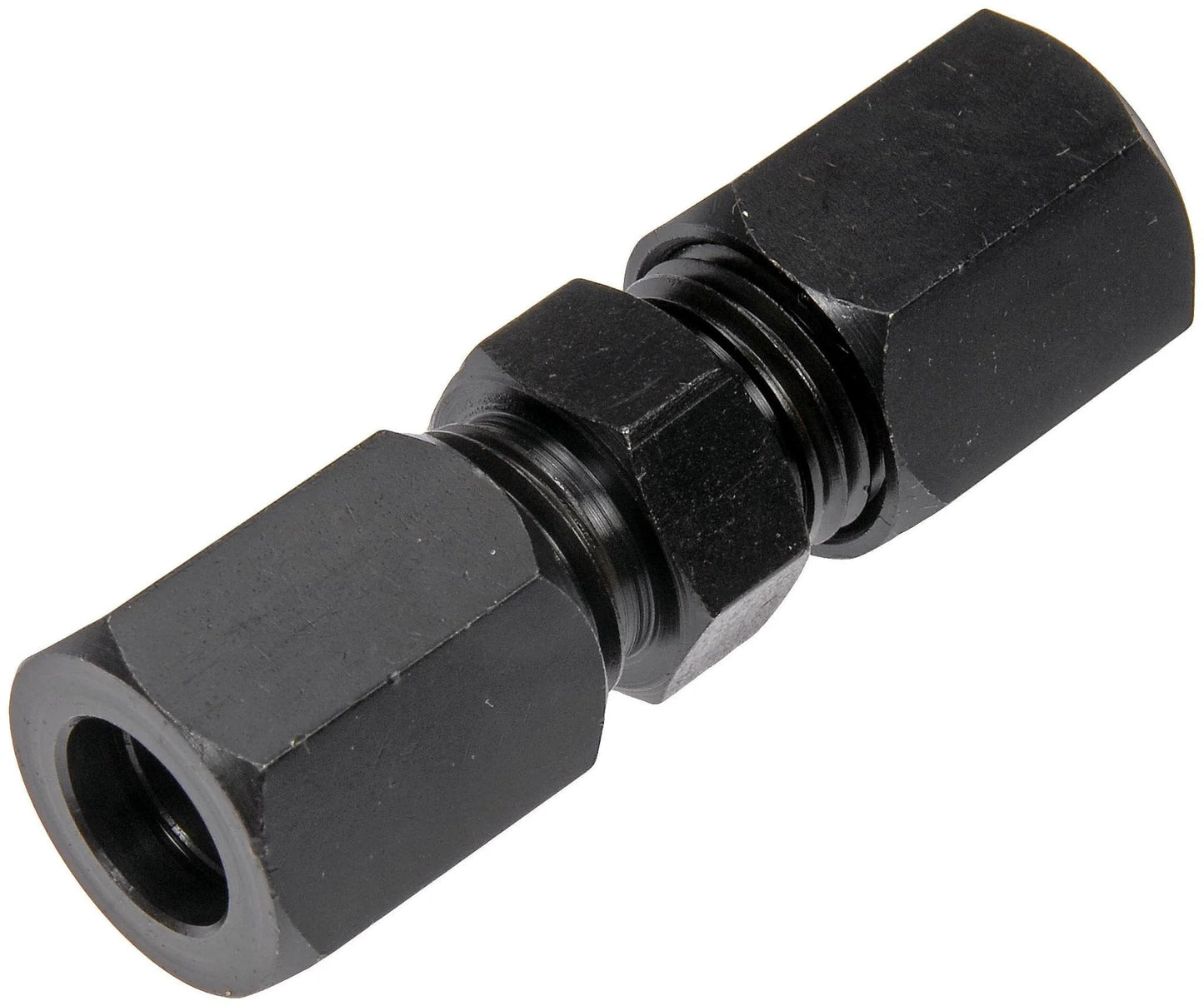 Front view of High Pressure Compression Union 5000 PSI 10mm Fitting for Auto Marine and Industrial Lines, heavy duty, durable, leakproof connector