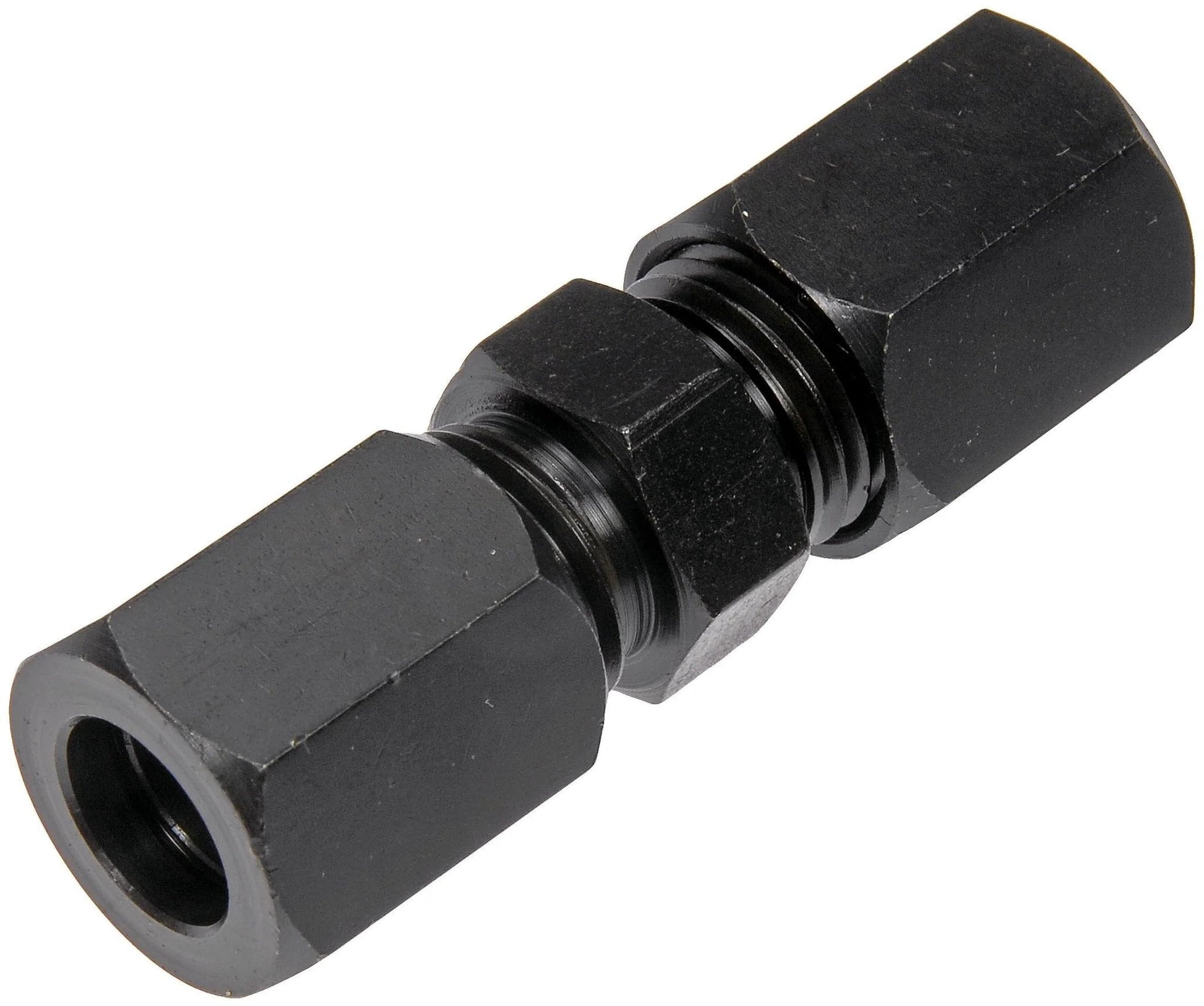 Front view of High Pressure Compression Union 5000 PSI 10mm Fitting for Auto Marine and Industrial Lines, heavy duty, durable, leakproof connector