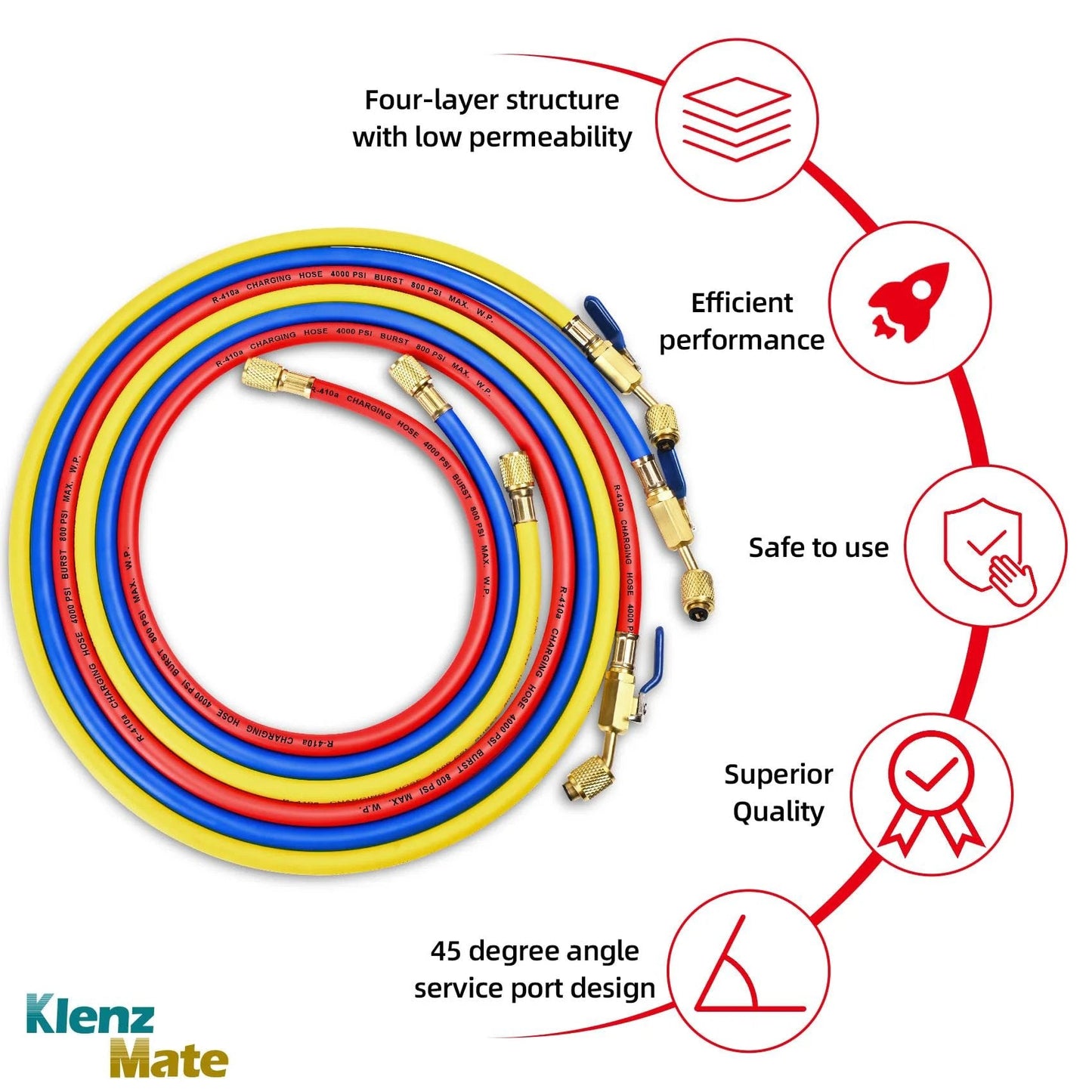 Upgraded 29986 Plus II One Quarter Inch HVAC Refrigerant Hose with Compact Ball Valve in three-color pack