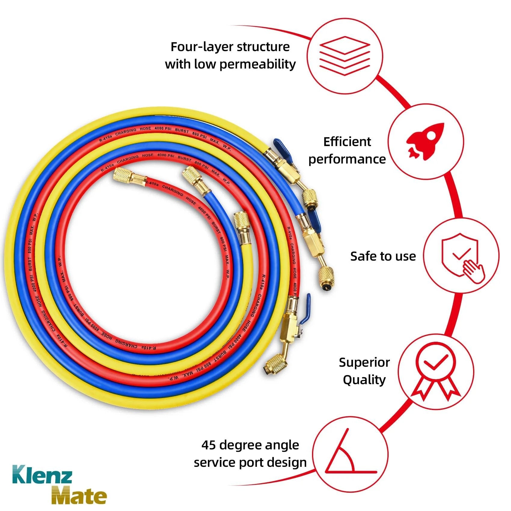 Upgraded 29986 Plus II One Quarter Inch HVAC Refrigerant Hose with Compact Ball Valve in three-color pack