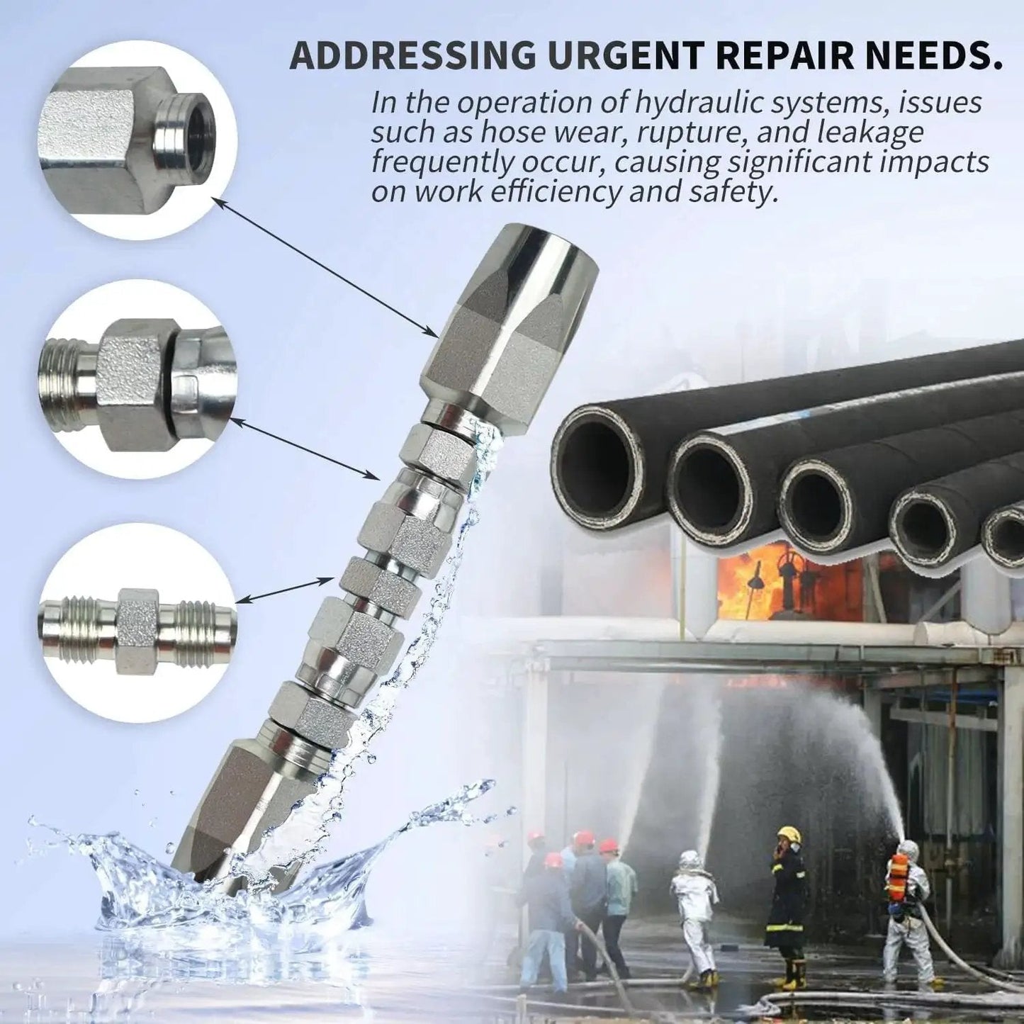 Reusable Five Pack Hydraulic Hose Field Repair Kit For Two Wire Braided Hoses, components and usage illustration.