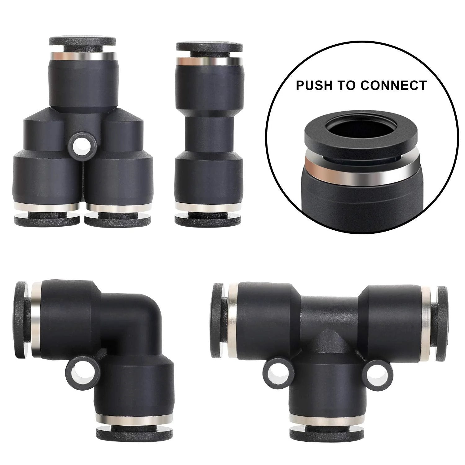DIY Air Line Tubing Kit One Quarter Inch PU Tube 32.8 Feet With Push To Connect Fittings 14 Piece Compressed Air Accessories Kit showing connectors