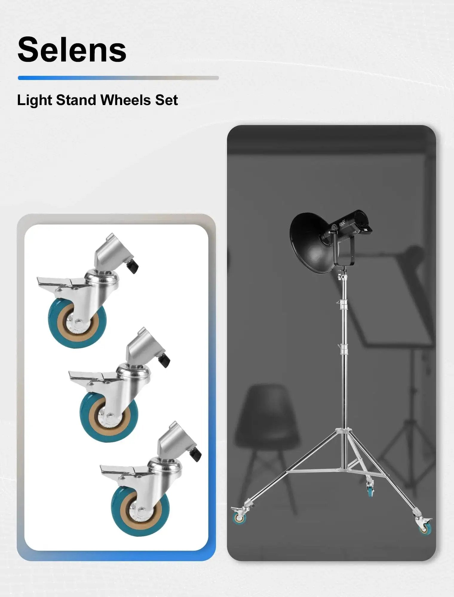 Professional Light Stand Wheels Set 0.9 Inch 22mm Diameter Swivel Casters With Rubber Wheels and Foot Brake for Photography Stands