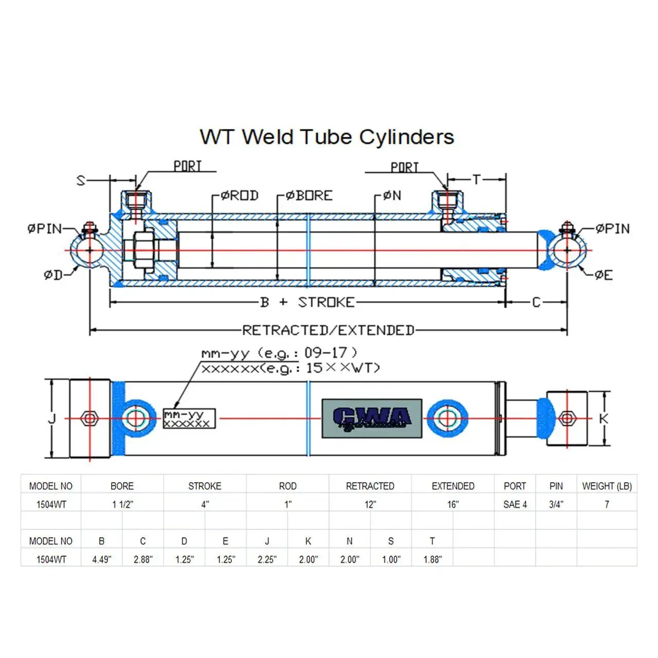 Technical drawing of Weld Cross Tube Hydraulic Cylinder Bore 1.5 Inch Stroke 4 Inch SAE 4 Port with dimensions and specifications.