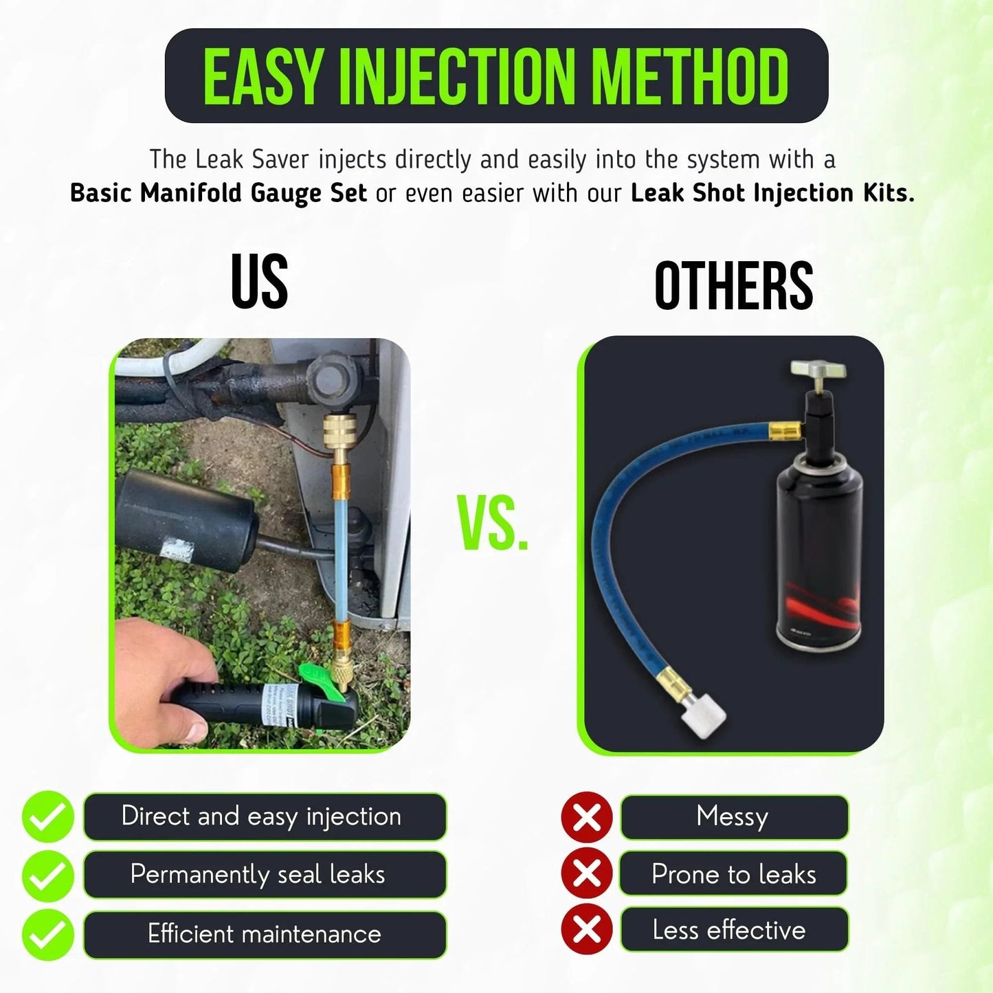 Comparison of Direct Inject AC Leak Sealer For Permanent Refrigerant Leaks In Most HVAC Setups Up To 5 Tons usage vs. traditional method.