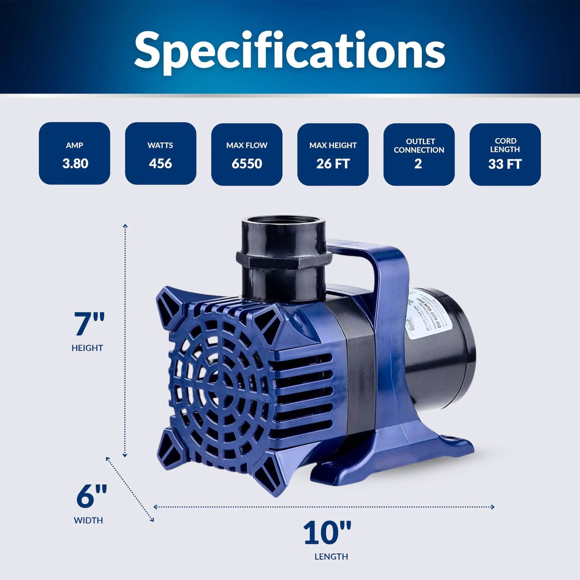 Powerful Submersible Pond Pump With 6550 GPH And Quiet 456W Motor 33 Foot Cord And Adapters 26 Foot Lift Vertical Or Horizontal Operation For Ponds Waterfalls And Fountains Durable And Efficient Alpine Corporation Easy Install