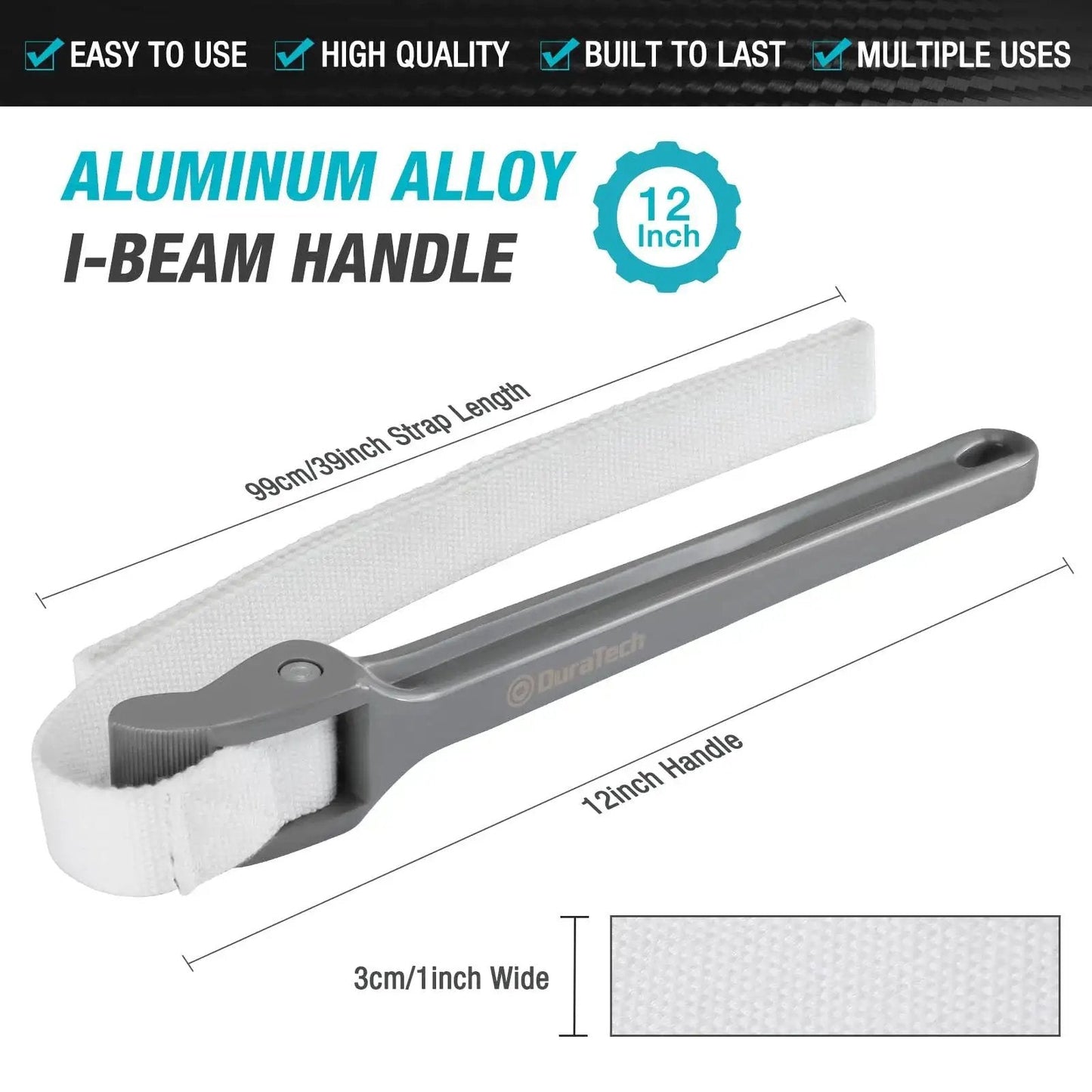 12 Inch Strap Wrench With Adjustable Nylon Strap For Pipe Wrenches And Oil Filter Removal, lightweight aluminum handle, dimensions shown