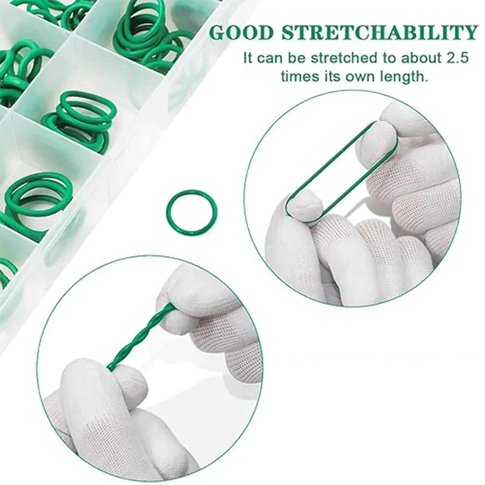 Ultimate 270 Piece Rubber O Ring Kit Metric Size Assortment showing green o-rings in labeled box and stretch test demonstration