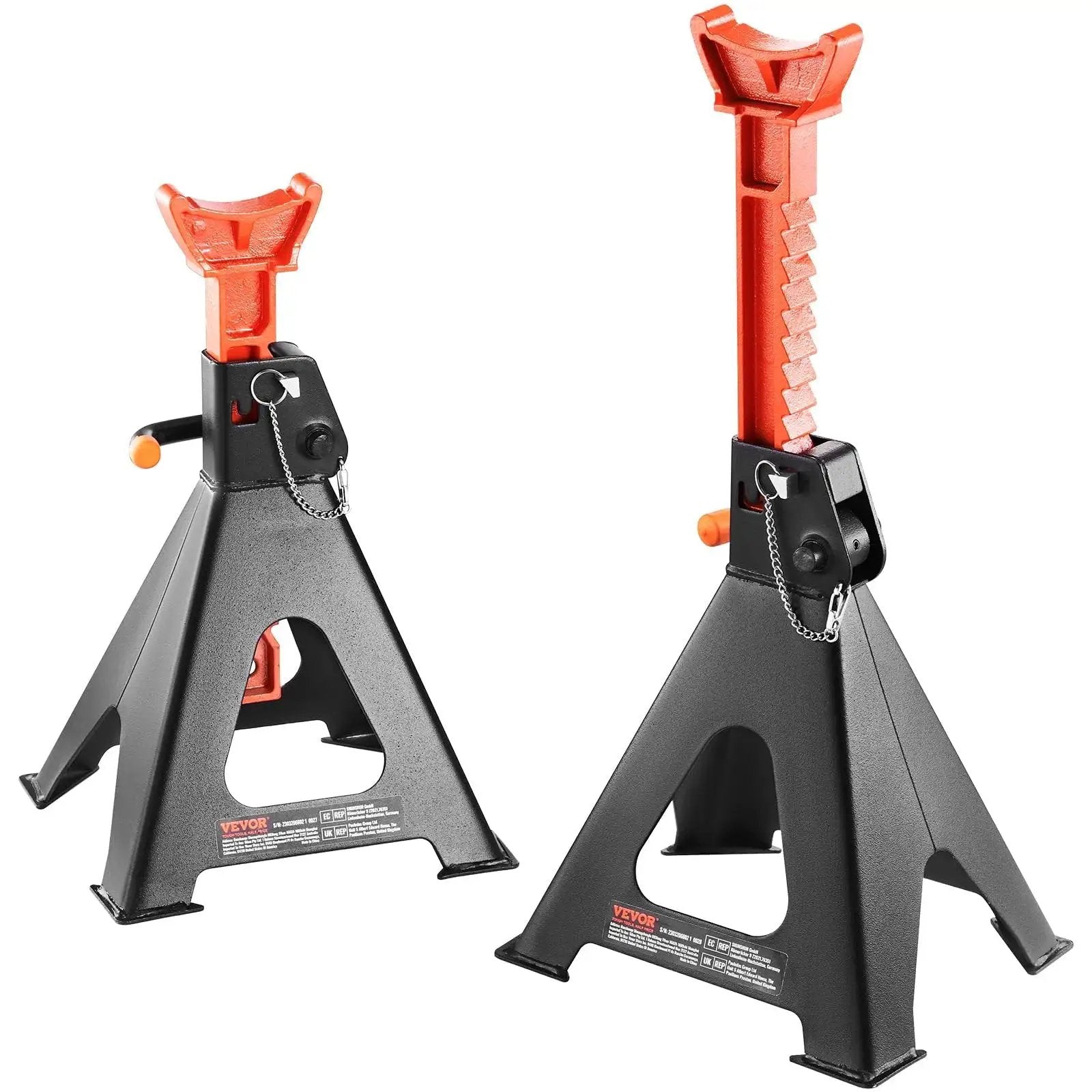 Pair of black and orange 6 Ton Jack Stands With Double Locking Adjustable 14.2 To 23 Inches For SUV UTV, shown at different heights