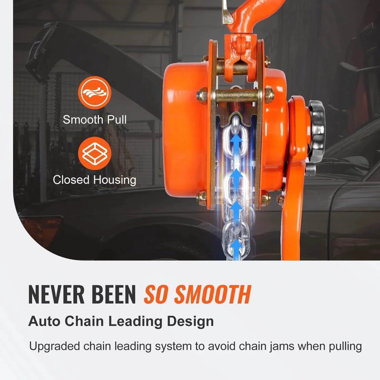 Manual Lever Chain Hoist 0.75 Ton 1650 Lbs 10 Ft Come Along Weston Double Pawl Brake close-up of chain mechanism