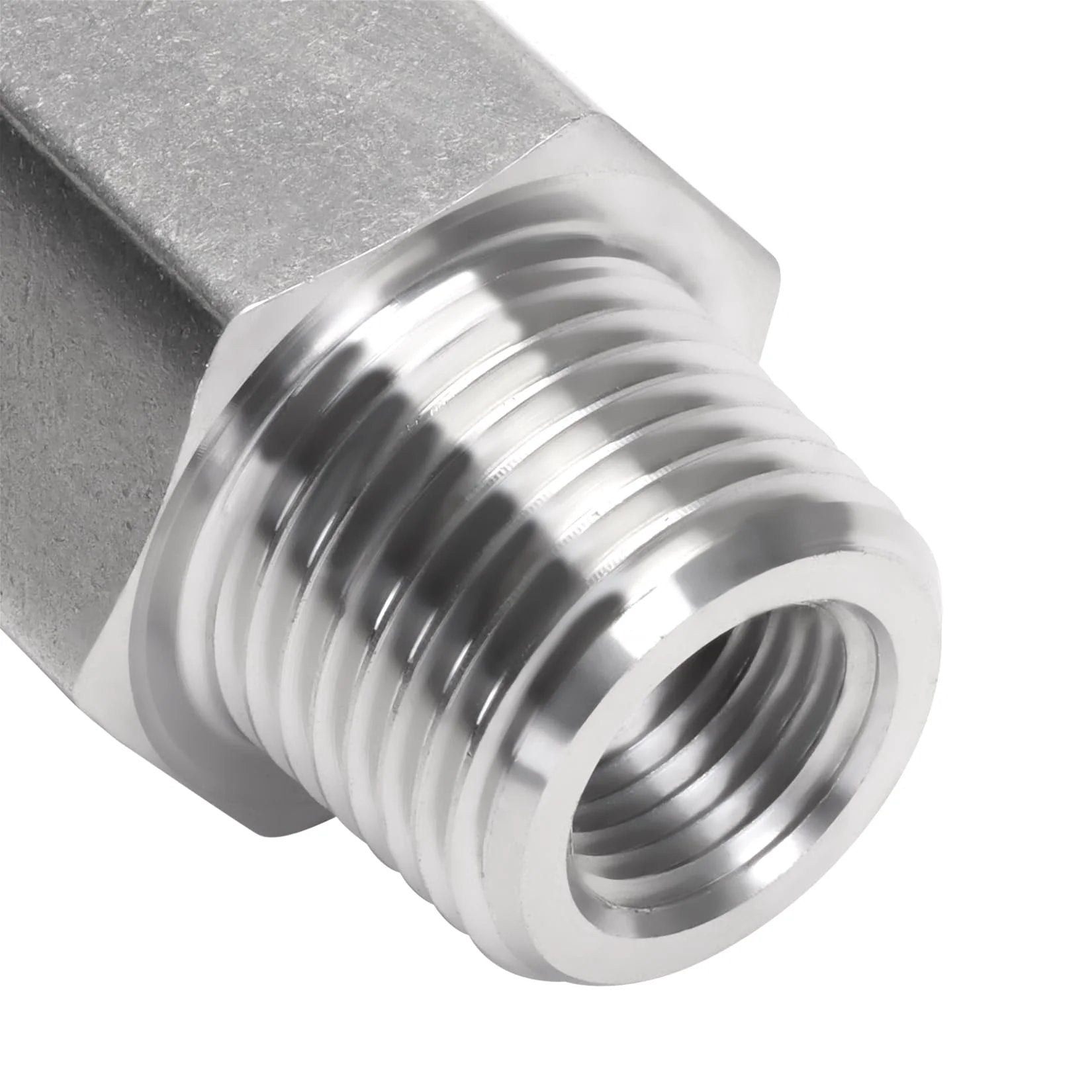Heavy Duty Stainless Steel Air Check Valve One Half Inch NPT Male To One Half Inch NPT Female High Temperature One Way Backflow Preventer For Air Lines And Pneumatic Systems Rust Proof And Corrosion Resistant close-up view of threaded male end showing 304 stainless steel material.