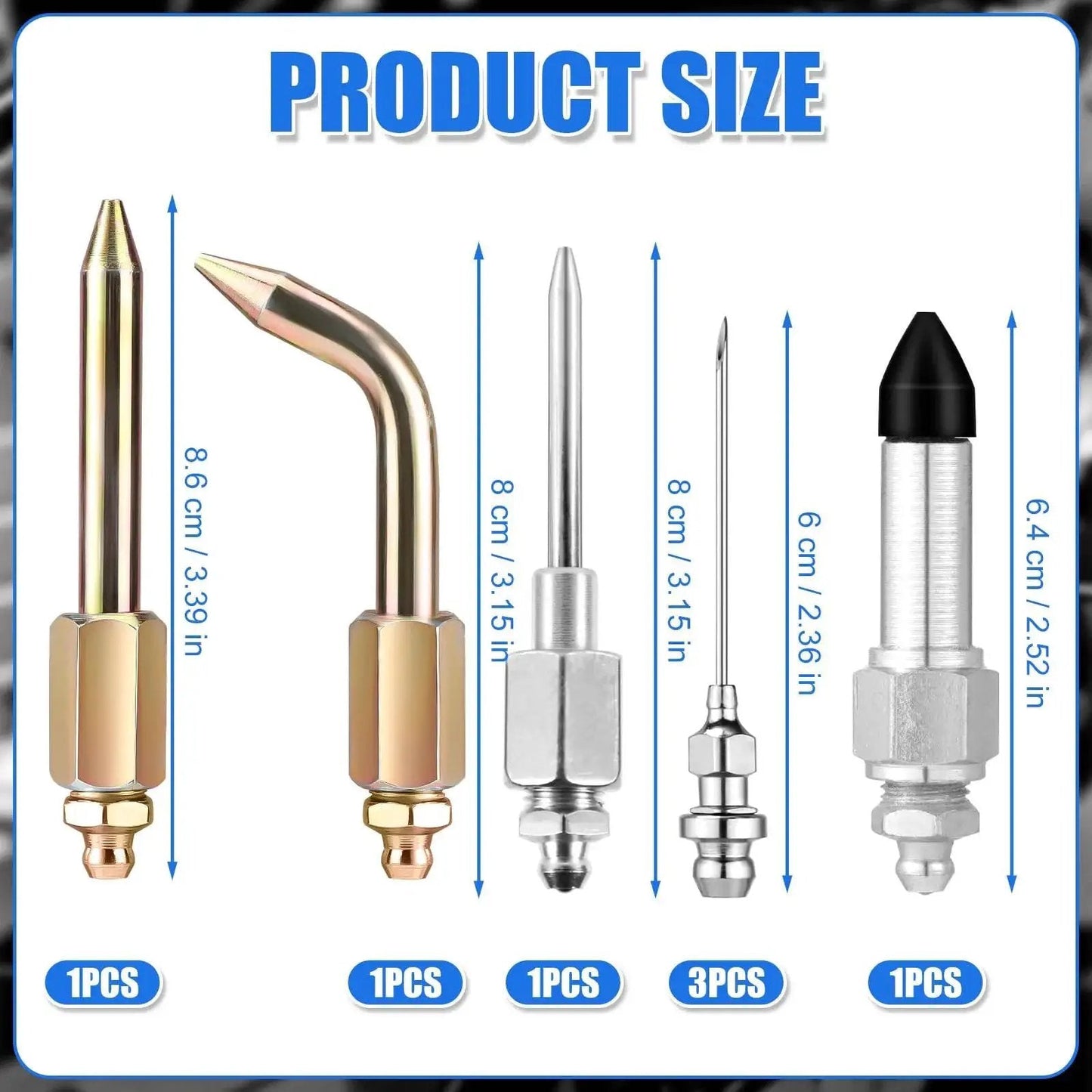 Must Have Versatile Seven Piece Grease Gun Accessory Kit With Three Nozzles One Needle Dispenser One Rubber Joint Tip One Straight Nozzle And One Bent Nozzle For Small And Confined Spaces Lyreh product image showing seven different nozzle sizes and types.