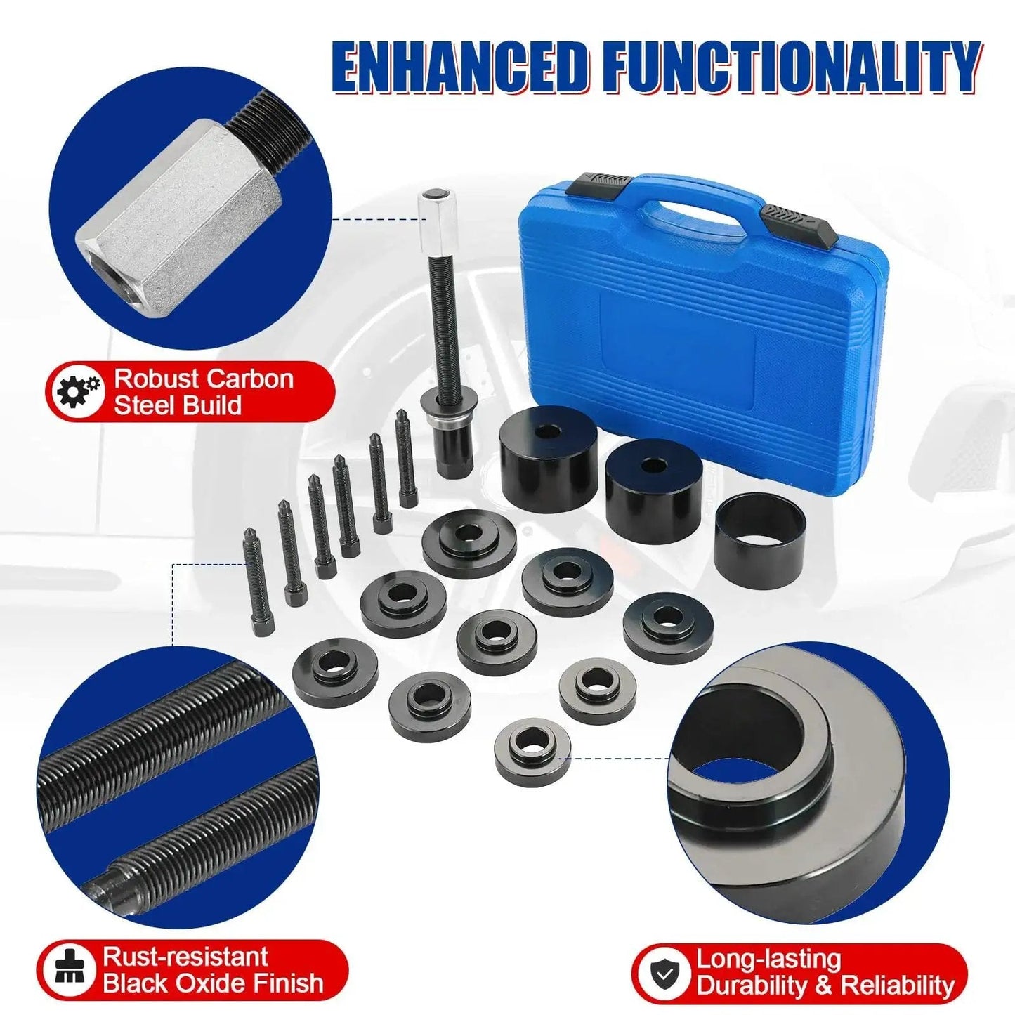 19 Piece Front Wheel Drive Bearing Removal And Installation Tool Kit with blue case, steel build shown