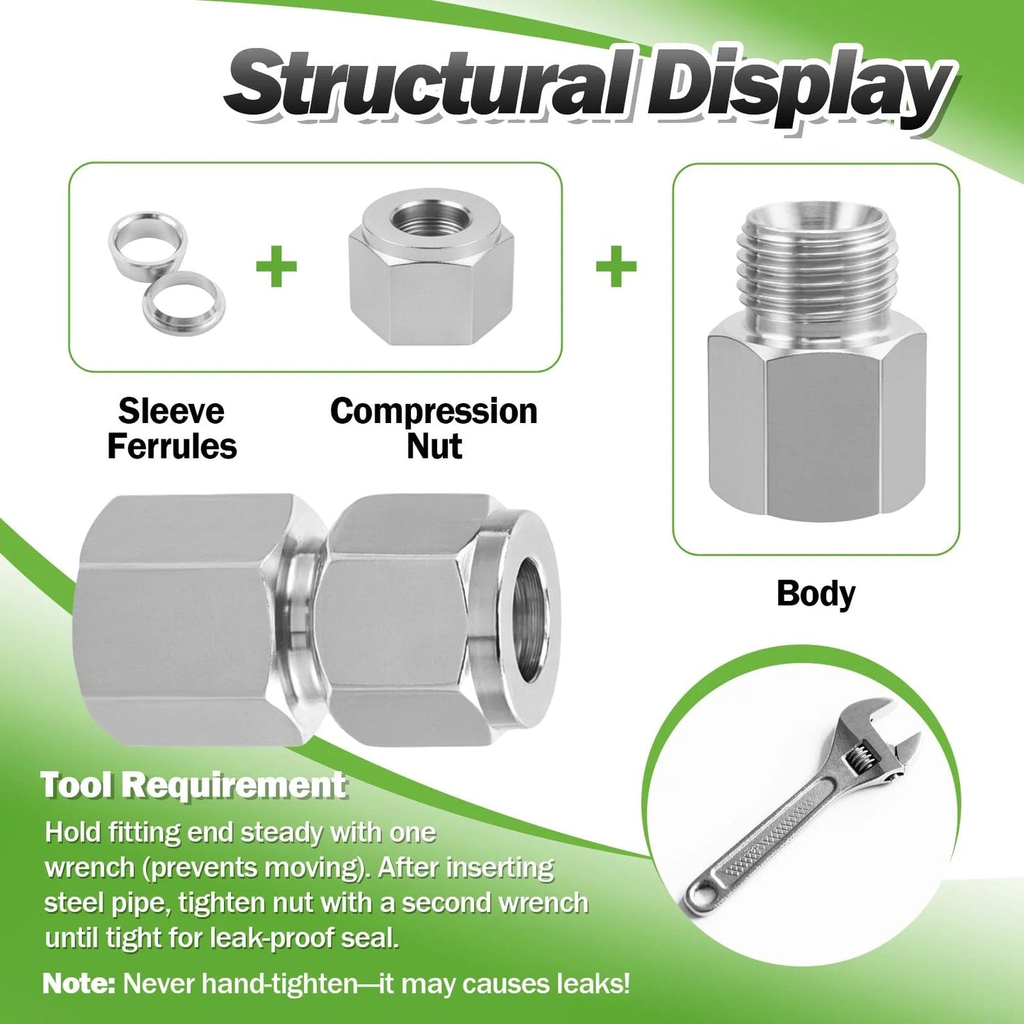 Stainless Steel 304 Compression Coupler Tube Fitting One Quarter Inch OD To One Quarter Inch NPT Female Connector With Double Ferrule Adapter Pack Of Two Goldpea, showing sleeve ferrules, compression nut, and body.