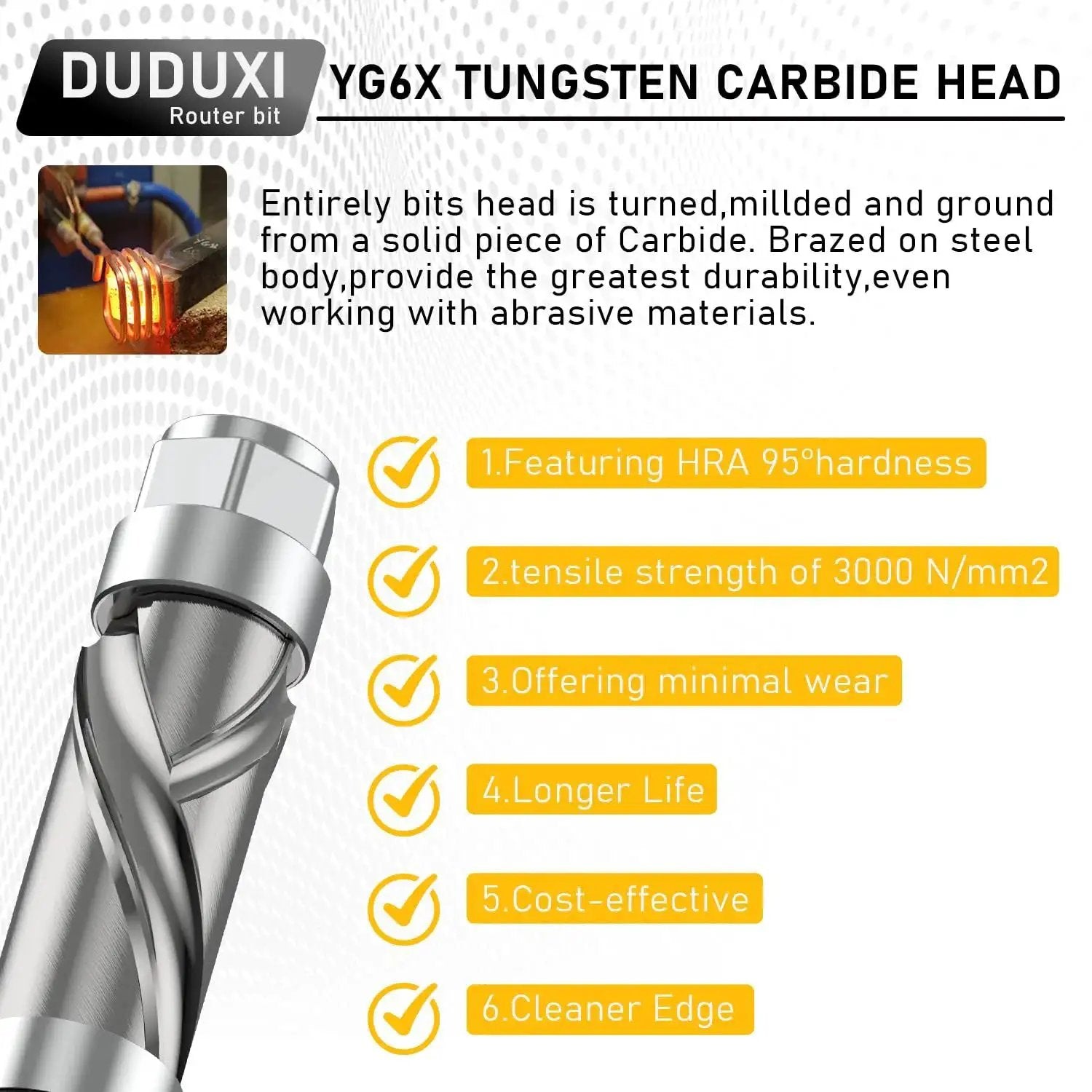 Carbide Compression Flush Trim Router Bit With One Quarter Inch Shank, Top And Bottom Bearing, Four Flutes, One Half Inch Cutting Diameter, One Inch Cutting Length, Spiral Up Down Pattern For Wood Trimming And Template Accuracy with durability details.