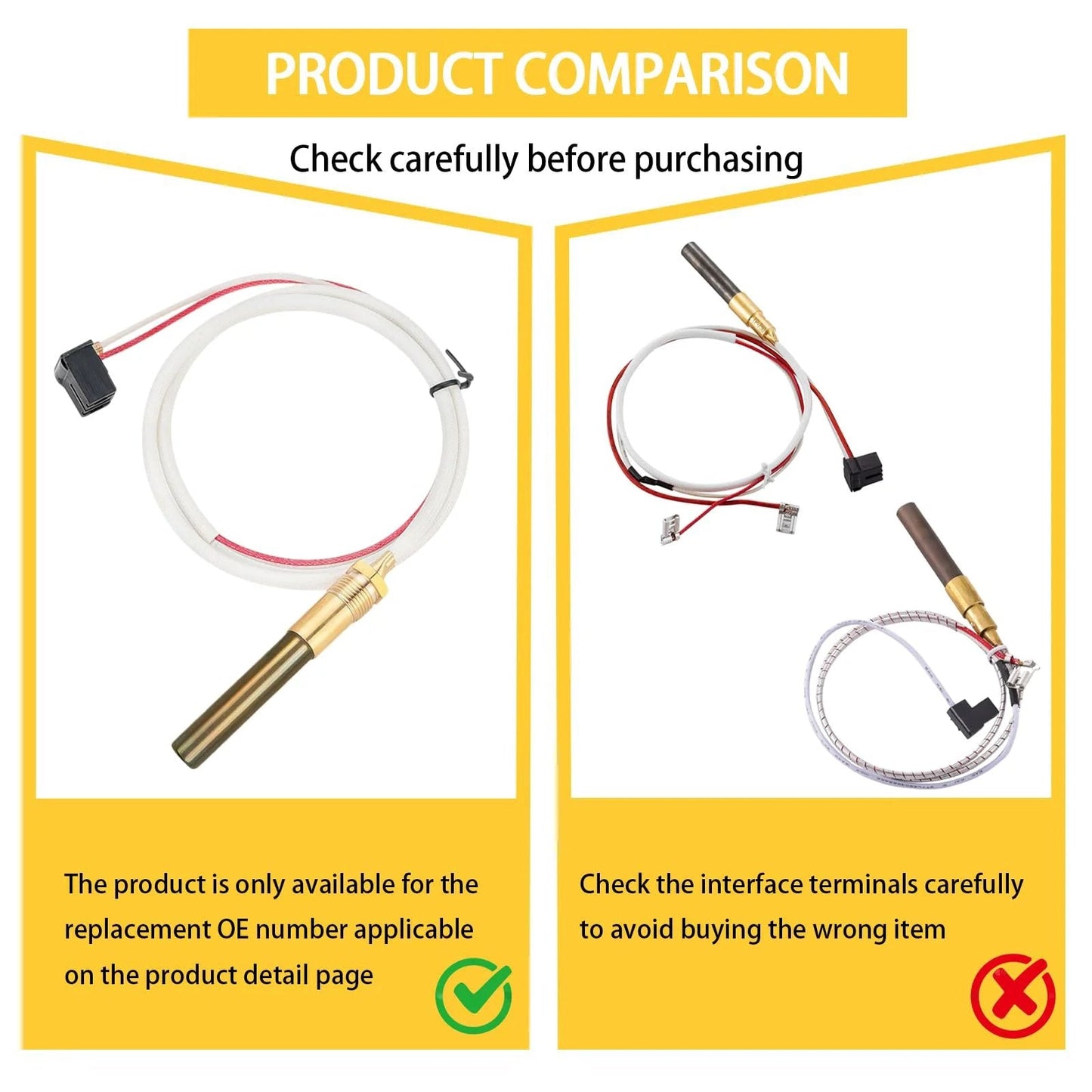 Comparison of two plug and play thermopile sensor components for pilot burner assembly, highlighting interface differences.