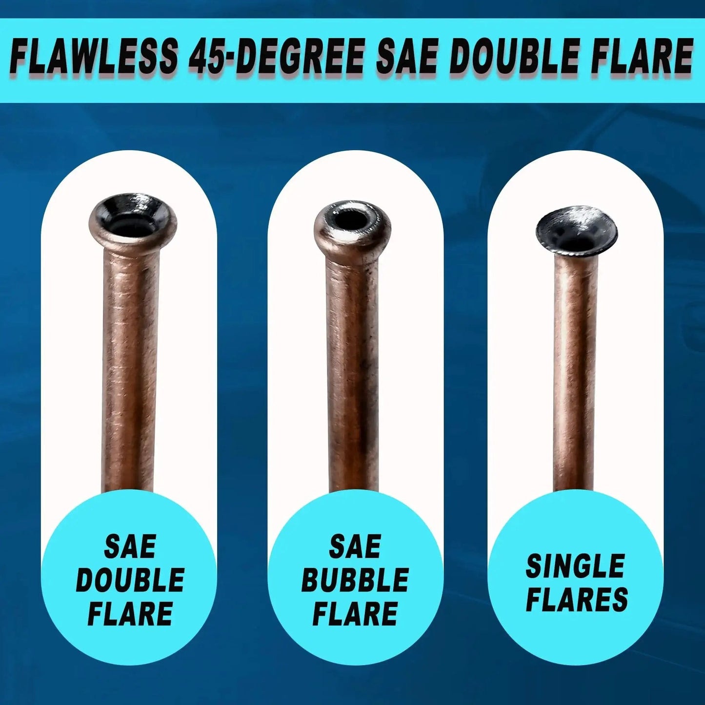 Copper tubes showing different flares created by Brake Line Flaring Tool Kit For 3/16 And 1/4 Tubes With SAE 45 Degree Flares
