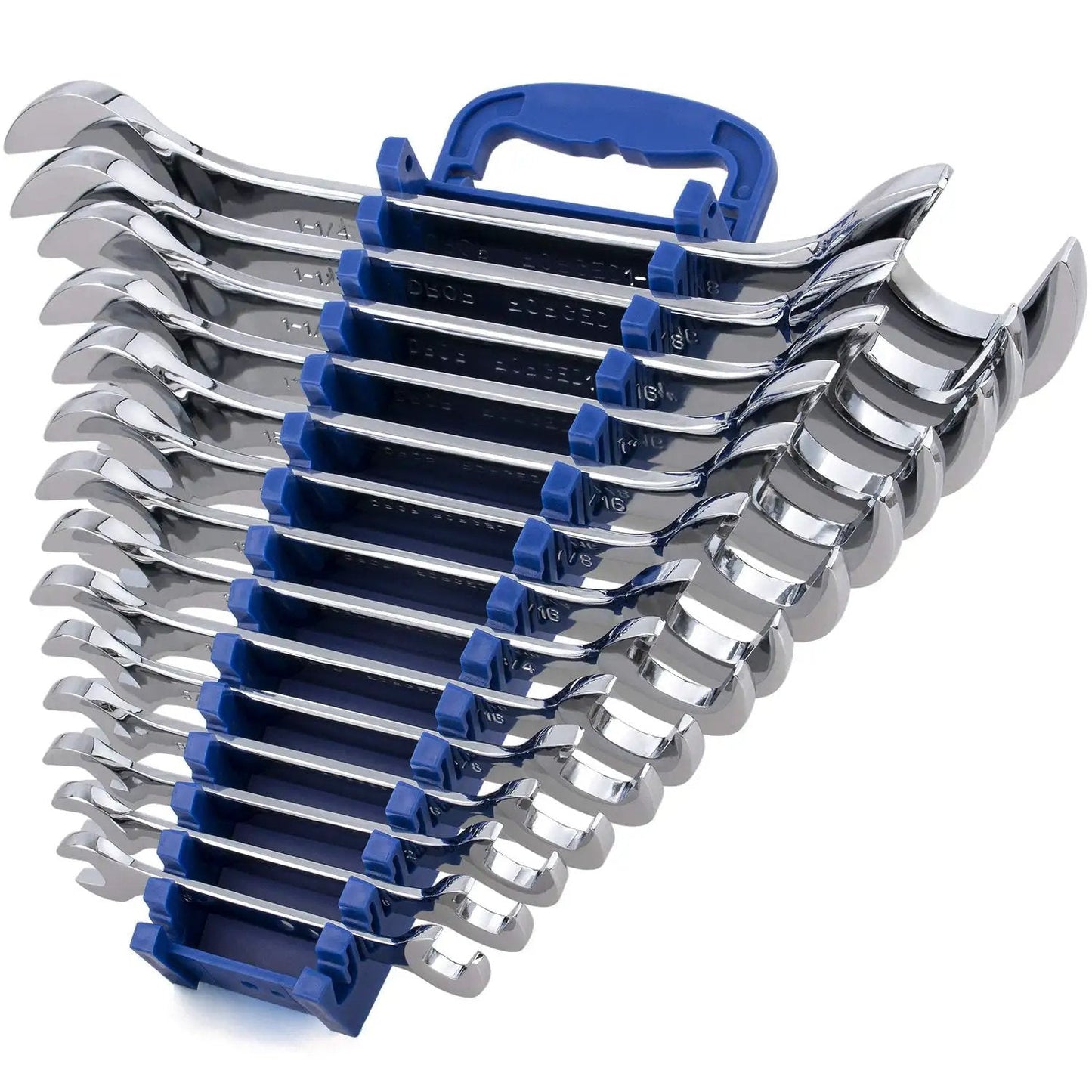 Premium 14 Piece Angle Head Open End Wrench Set In Chrome Vanadium Steel With Rust Resistant Mirror Finish, Angled Double Open Ends For Easier Access, This Go To Inch Size Set Covers From 3/8 To 1 1/4 Inch And Includes A Handy Storage Rack
