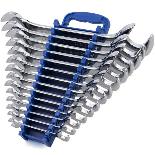 Premium 14 Piece Angle Head Open End Wrench Set In Chrome Vanadium Steel With Rust Resistant Mirror Finish, Angled Double Open Ends For Easier Access, This Go To Inch Size Set Covers From 3/8 To 1 1/4 Inch And Includes A Handy Storage Rack