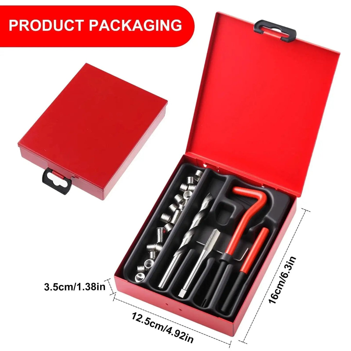 Open red carry case showing M8x1.25 Helicoil Thread Repair Kit With HSS Drill Bits And Inserts including tools and accessories.