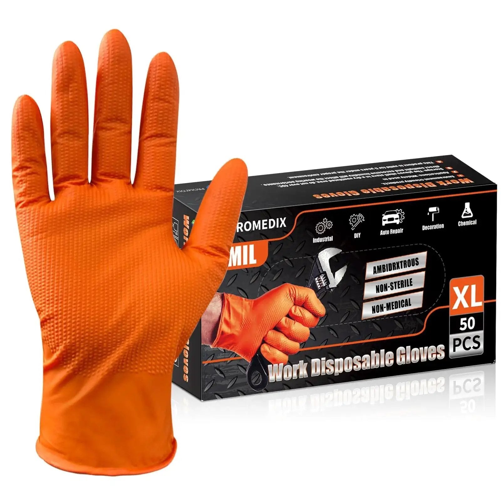 Heavy Duty Nitrile Disposable Gloves 8 Mil Orange Diamond Texture Grip with packaging, front view
